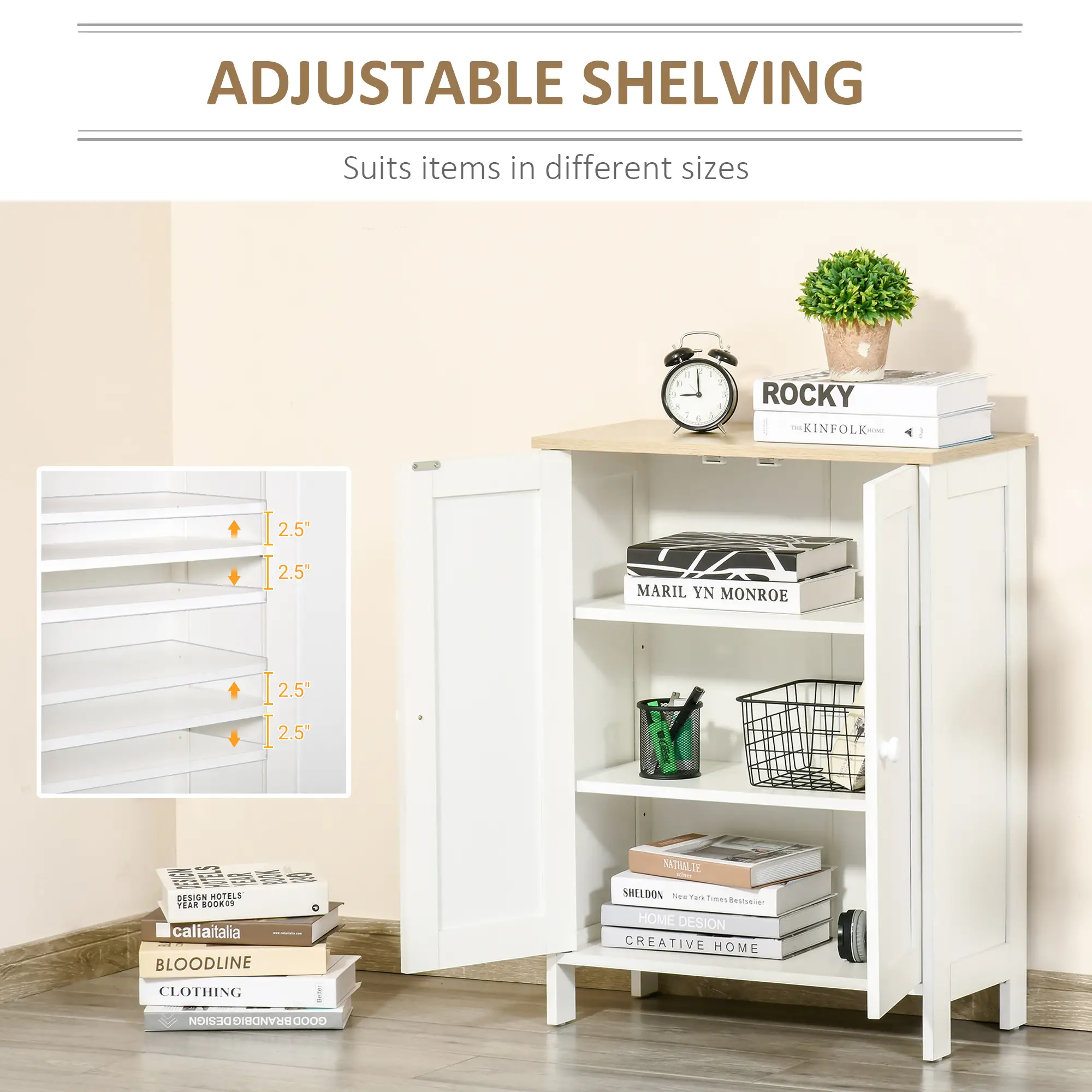 Storage Cabinet with Doors, 2 Adjustable Shelves, Living Room, Bathroom - Image 5