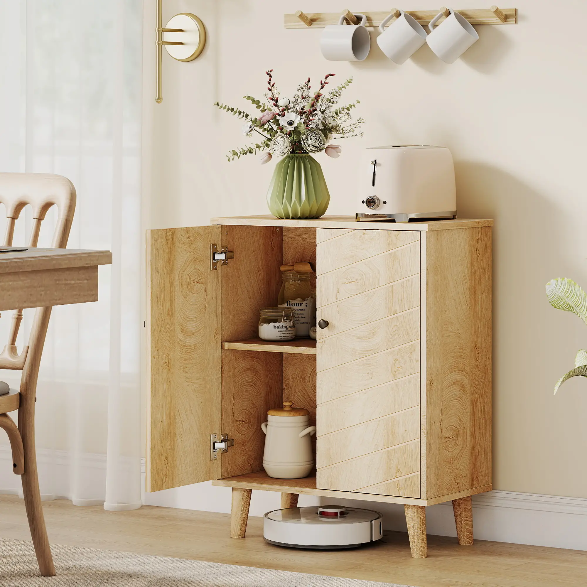 Storage Cabinet with Doors, Shelf, Wood Legs, Living Room, Bathroom - Image 2