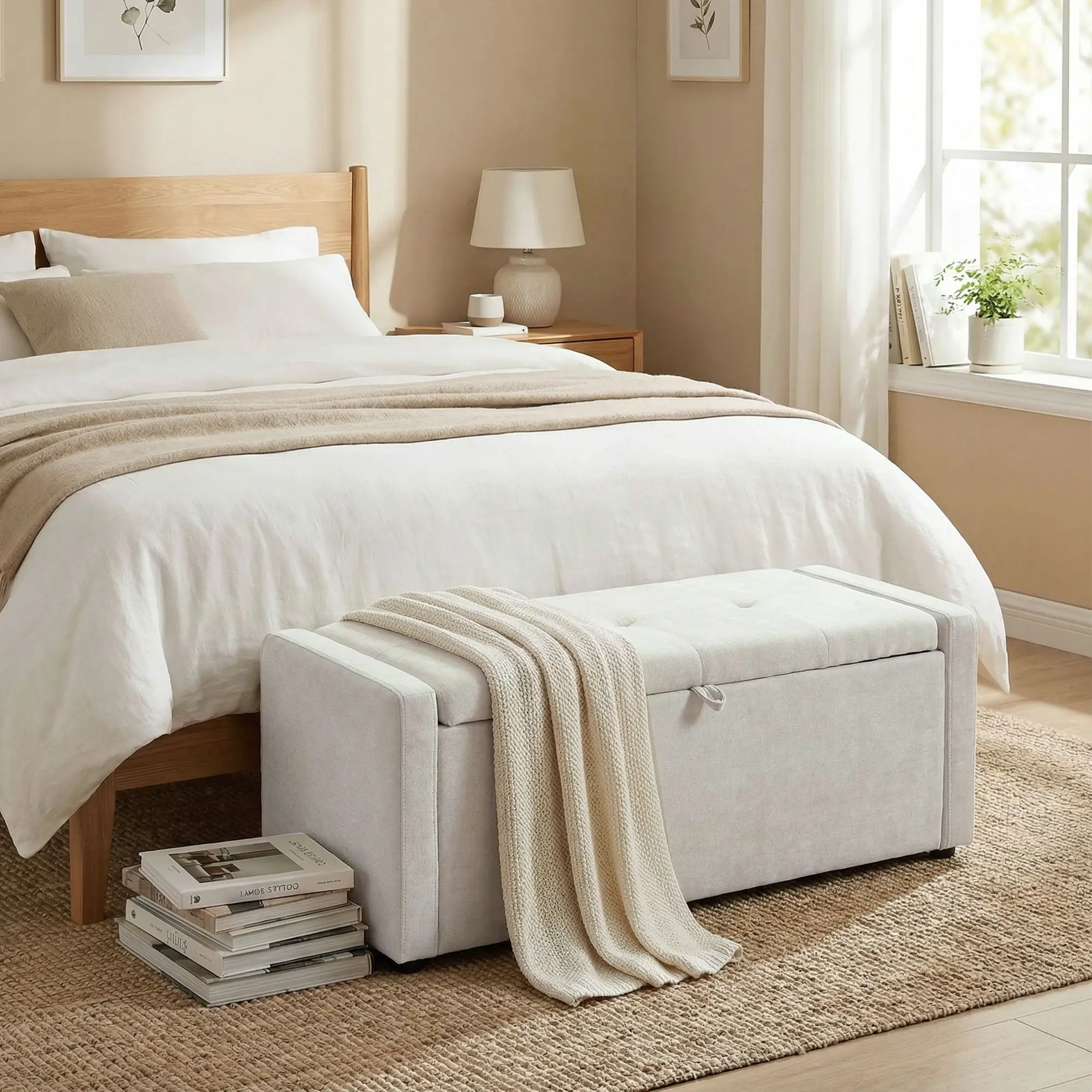 Storage Ottoman Bench, Linen Fabric, Wide Padded Seat, Cream White - Image 2
