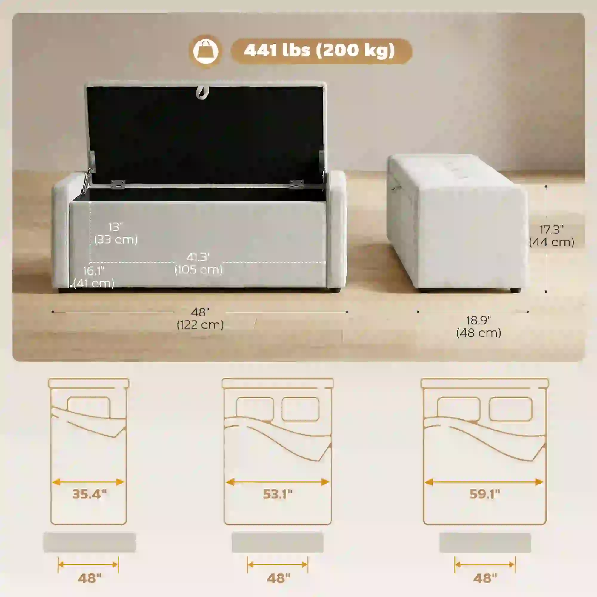 Storage Ottoman Bench, Linen Fabric, Wide Padded Seat, Cream White - Image 3