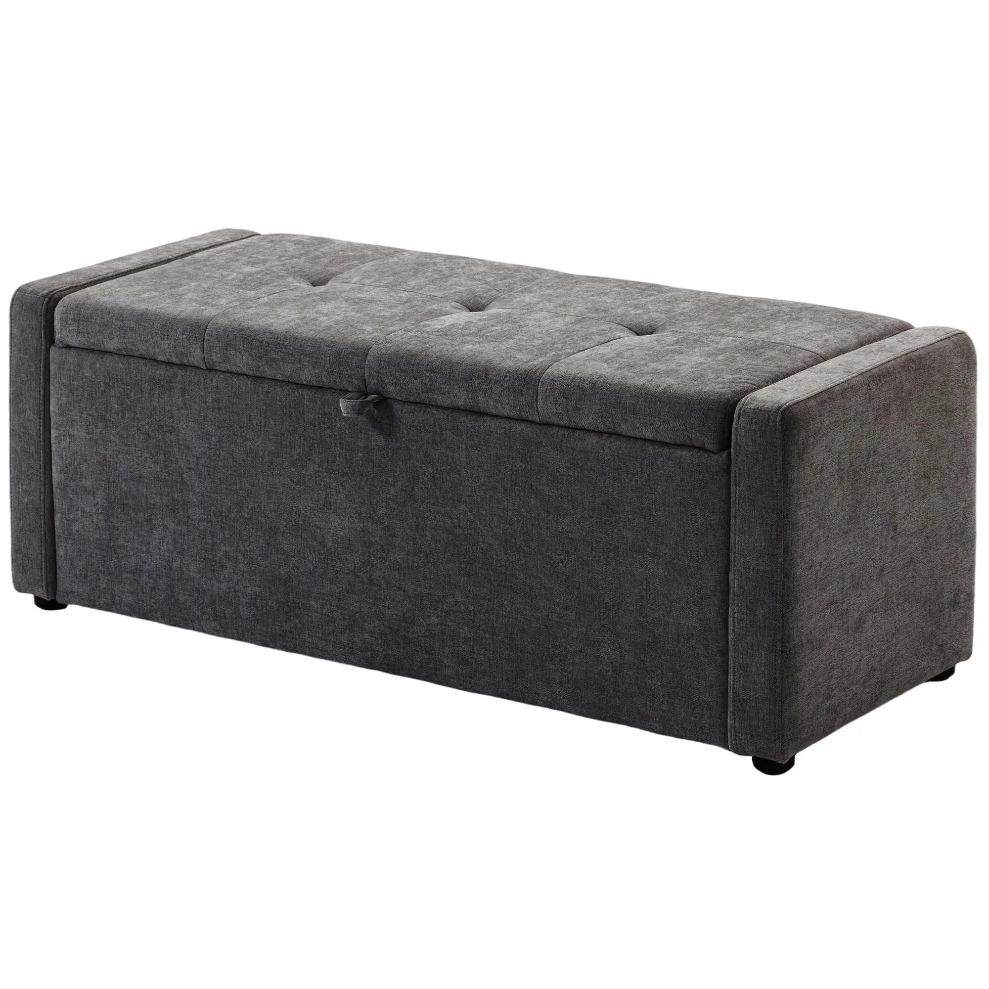 Storage Ottoman Bench, Linen Fabric, Wide Padded Seat, Dark Grey