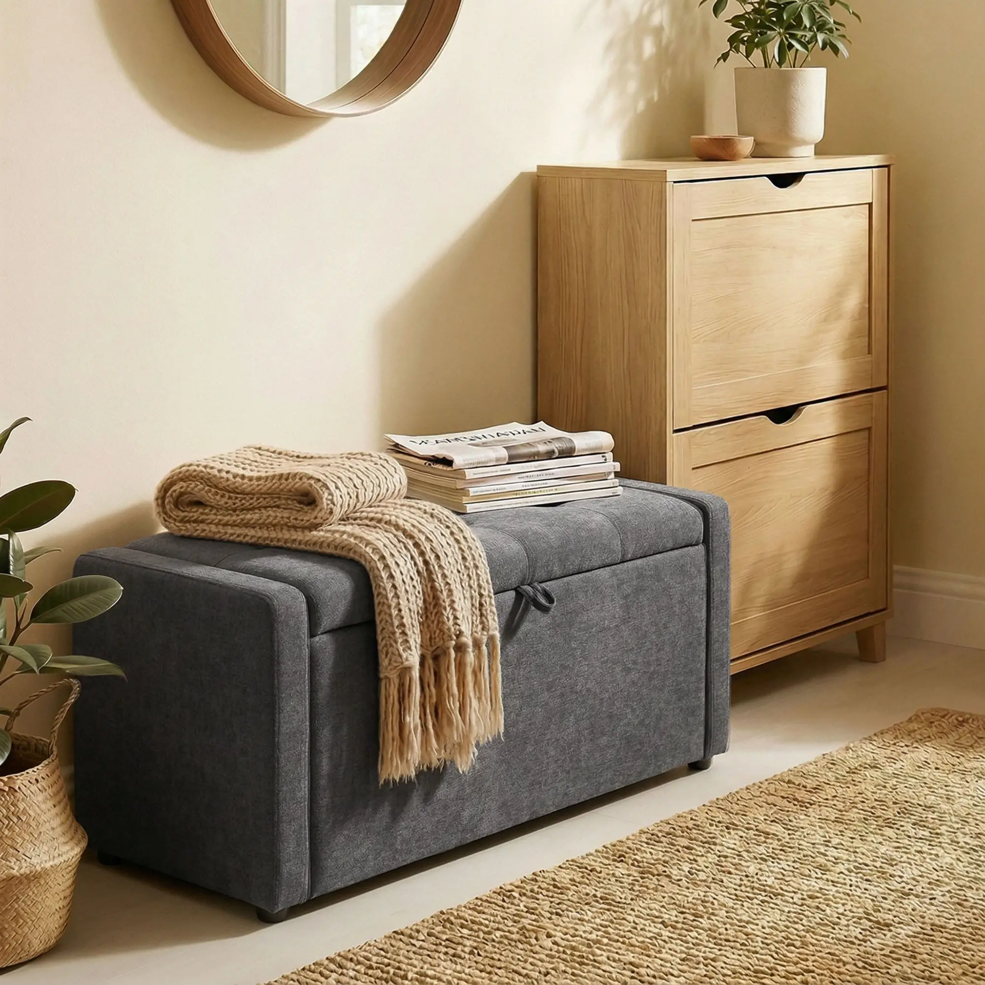 Storage Ottoman Bench, Linen Fabric, Wide Padded Seat, Dark Grey - Image 10