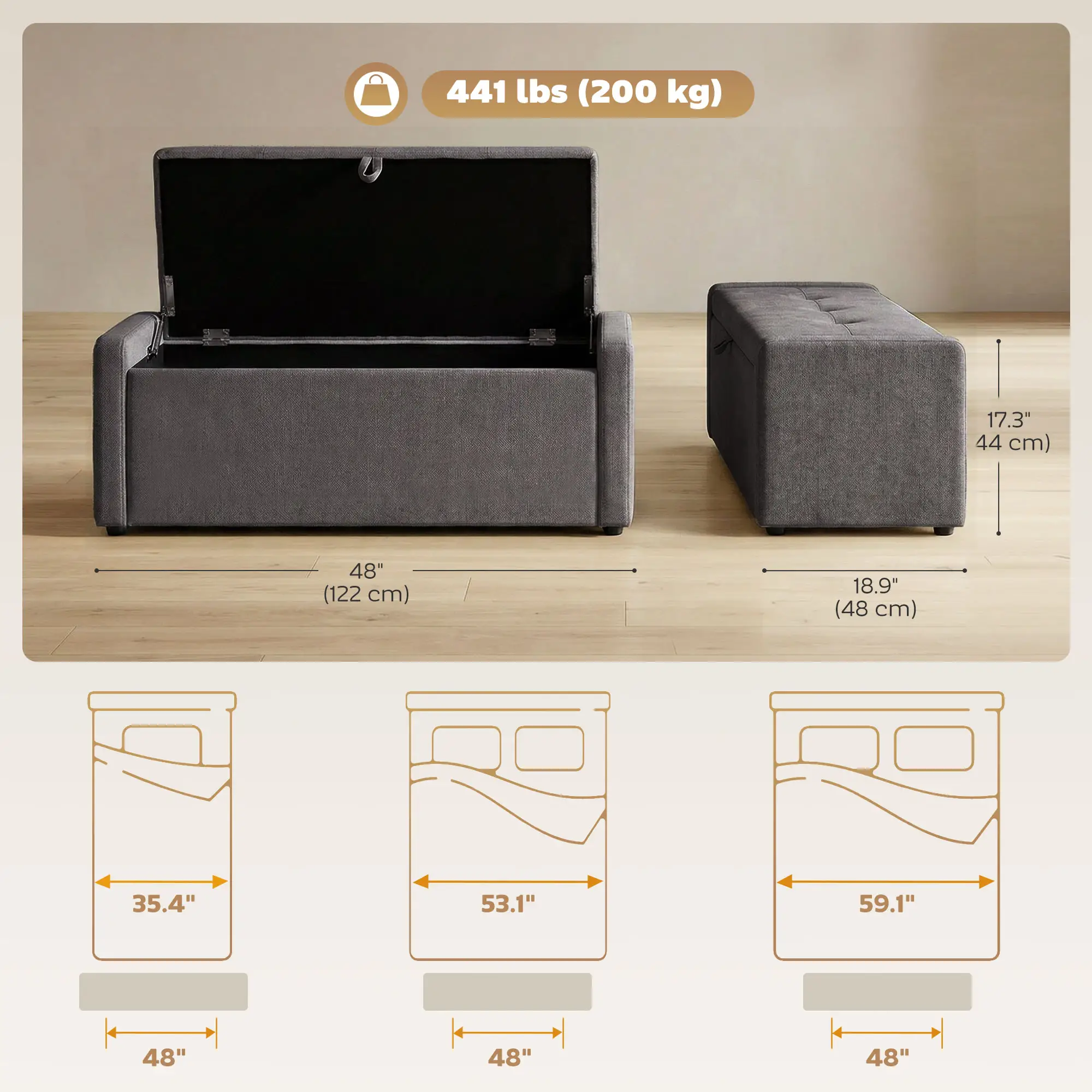 Storage Ottoman Bench, Linen Fabric, Wide Padded Seat, Dark Grey - Image 3