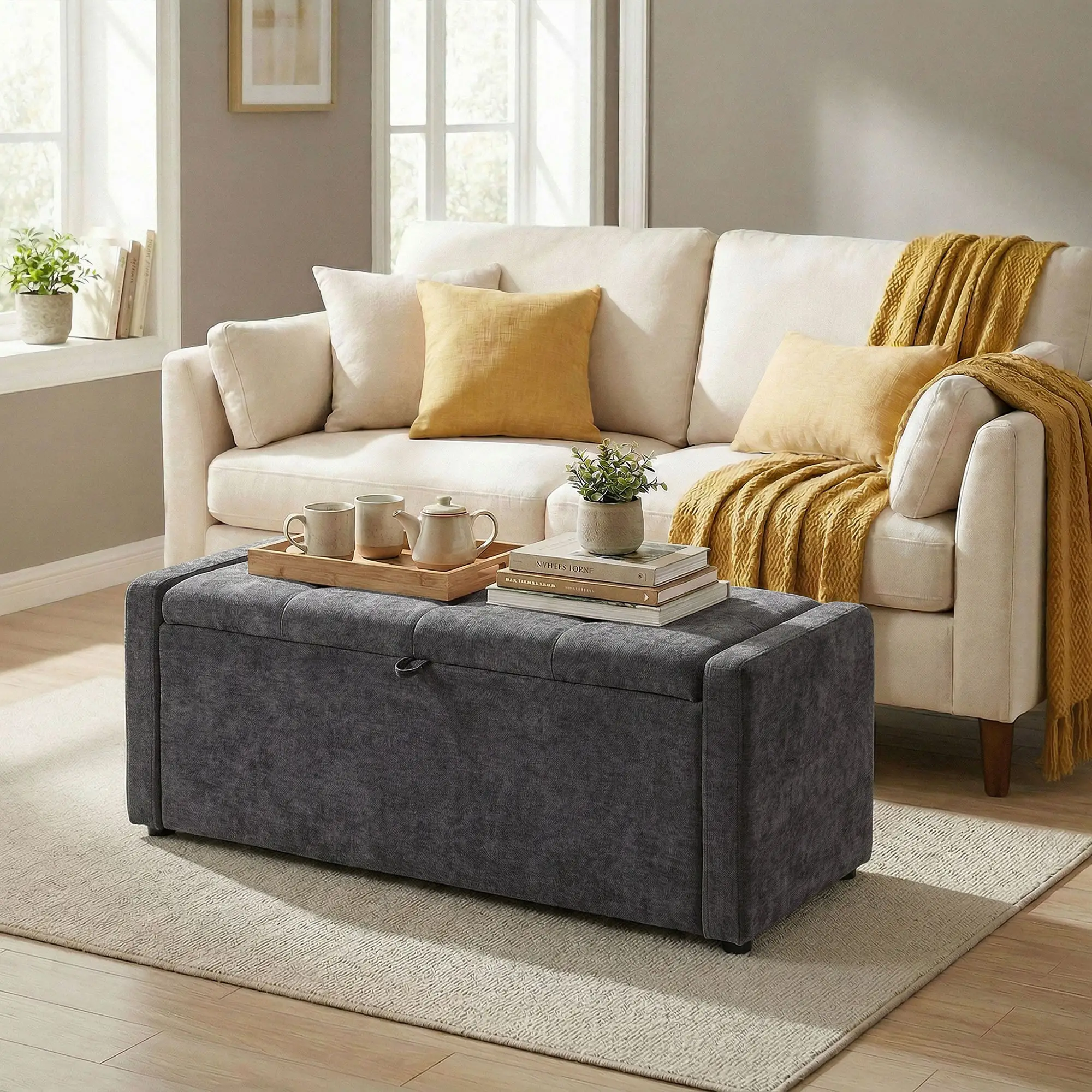 Storage Ottoman Bench, Linen Fabric, Wide Padded Seat, Dark Grey - Image 8
