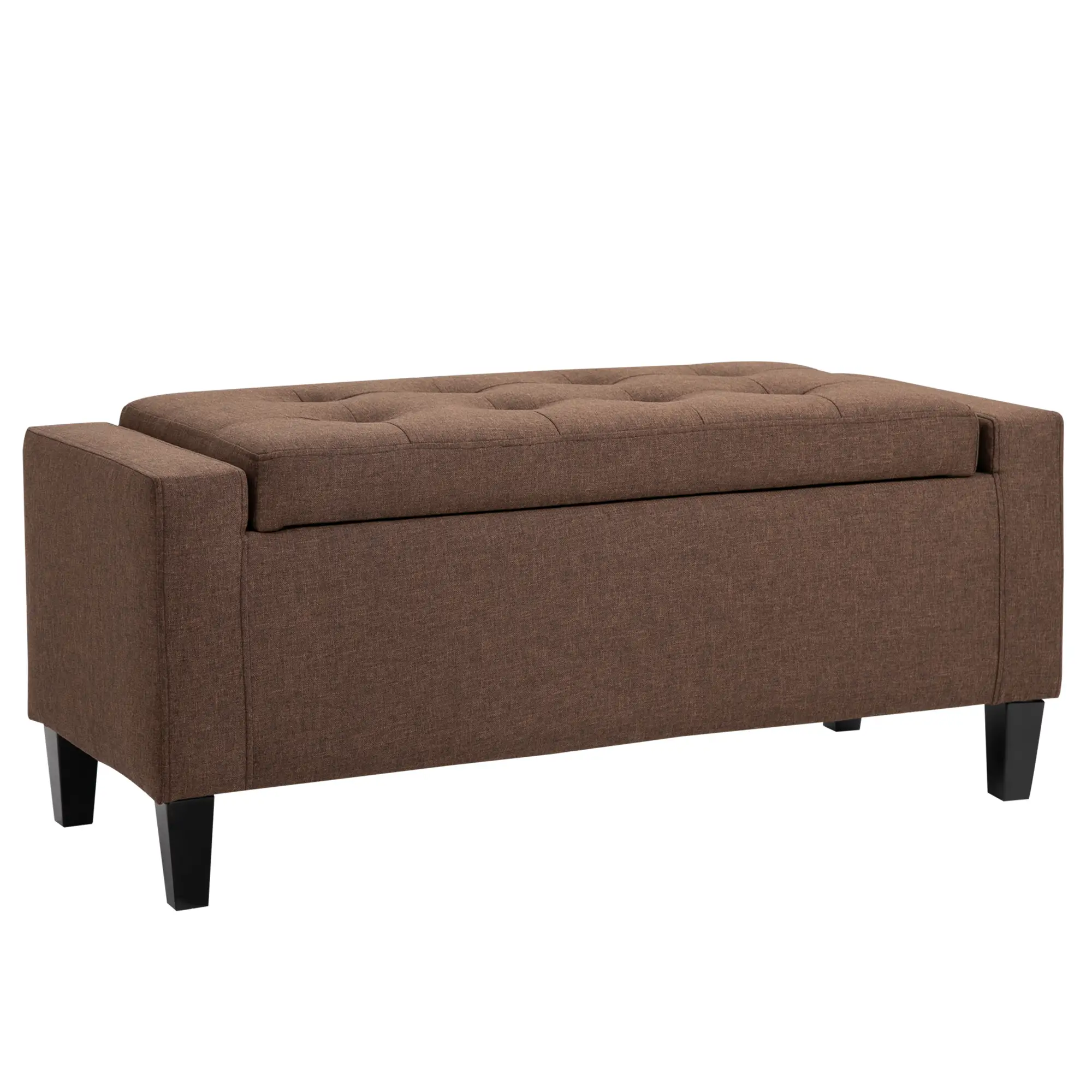 Storage Ottoman Bench, Linen Upholstered, Tufted, Brown
