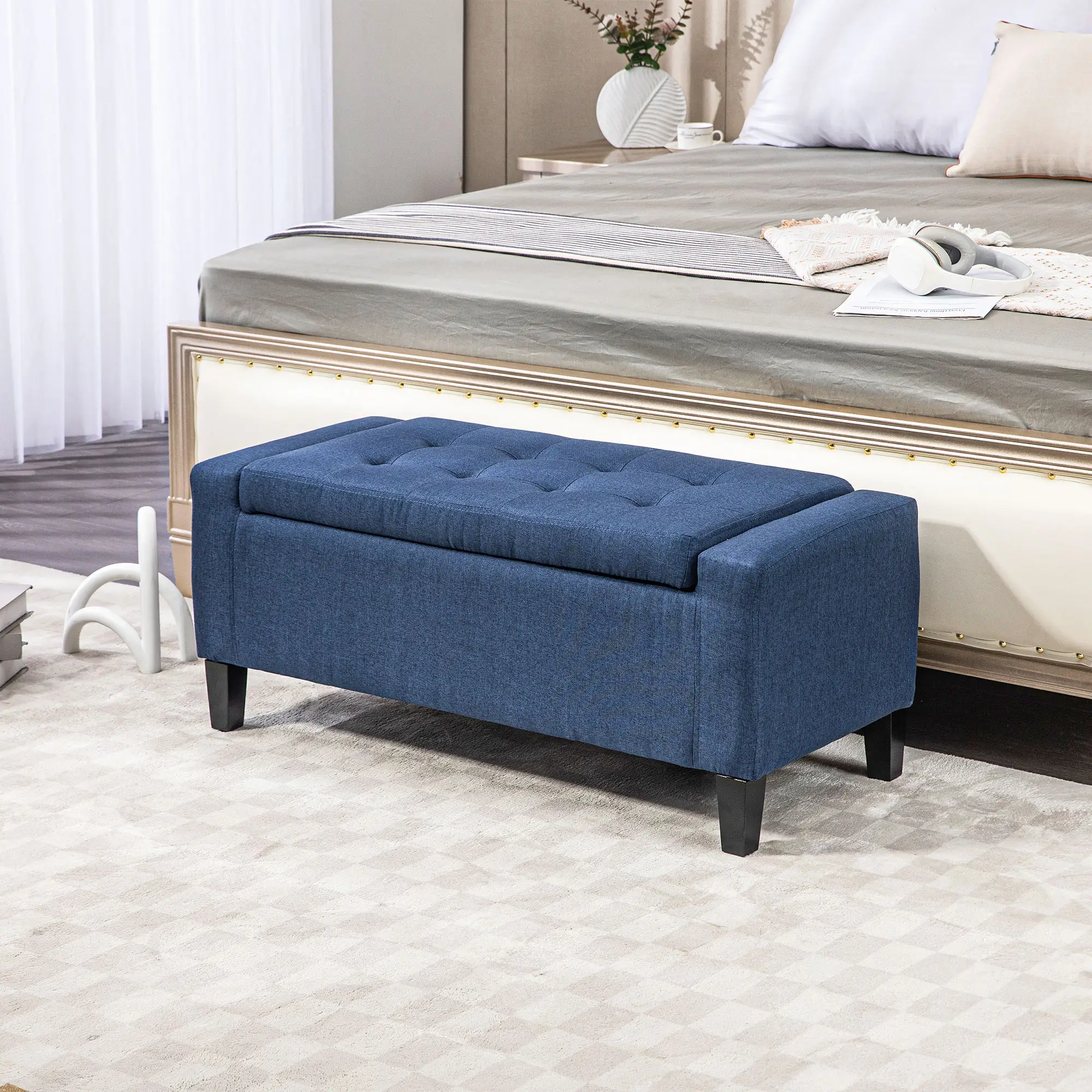 Storage Ottoman Bench, Linen Upholstered, Tufted, Dark Blue - Image 2