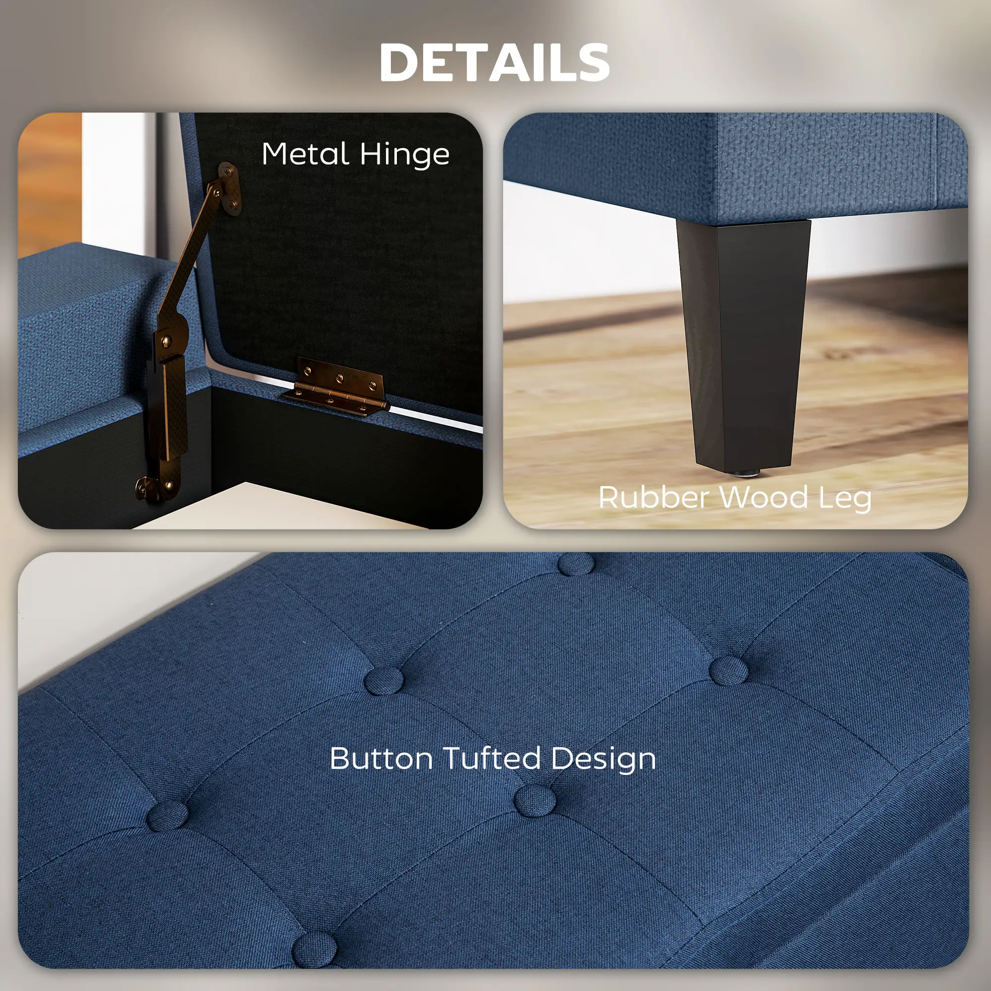 Storage Ottoman Bench, Linen Upholstered, Tufted, Dark Blue - Image 5
