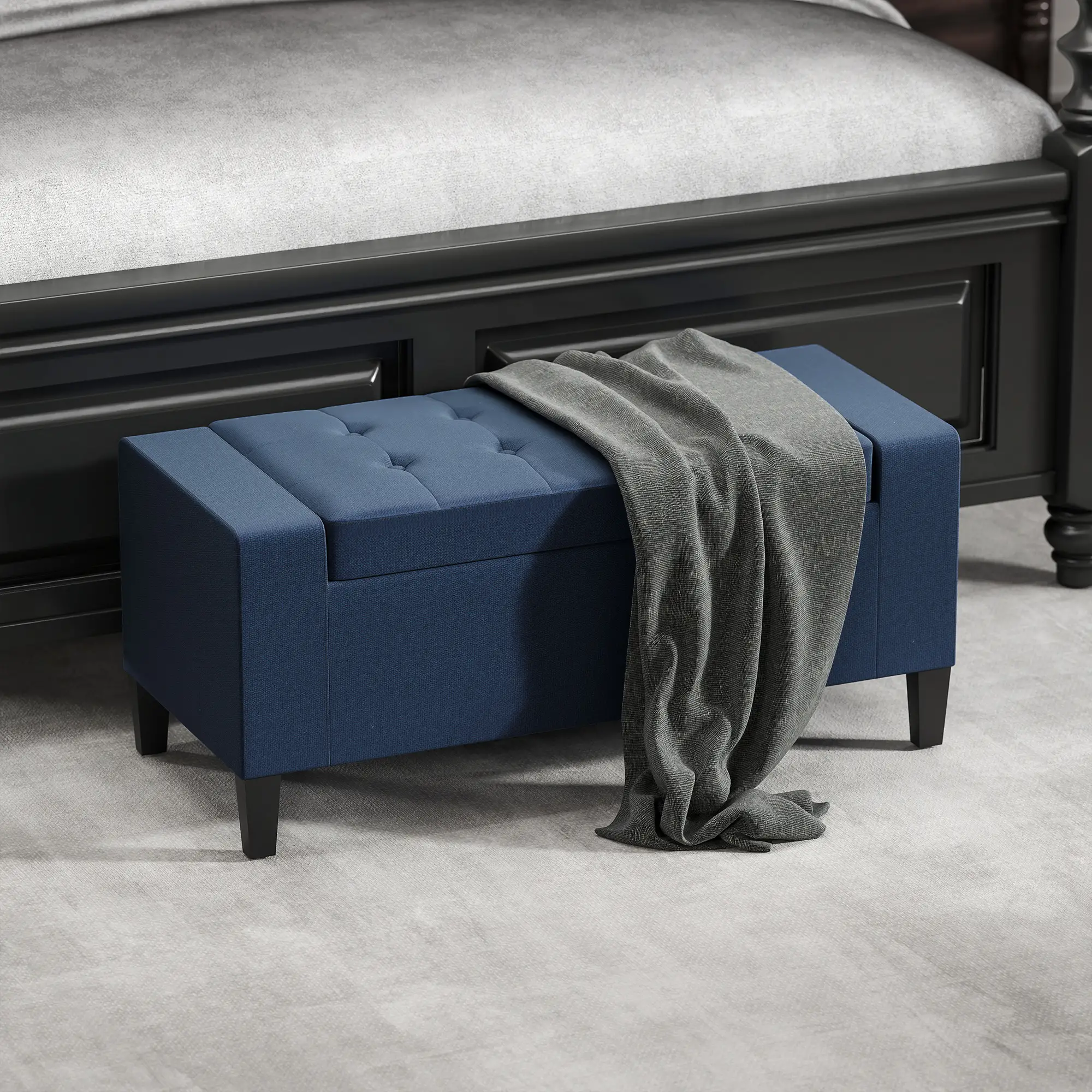 Storage Ottoman Bench, Linen Upholstered, Tufted, Dark Blue - Image 6