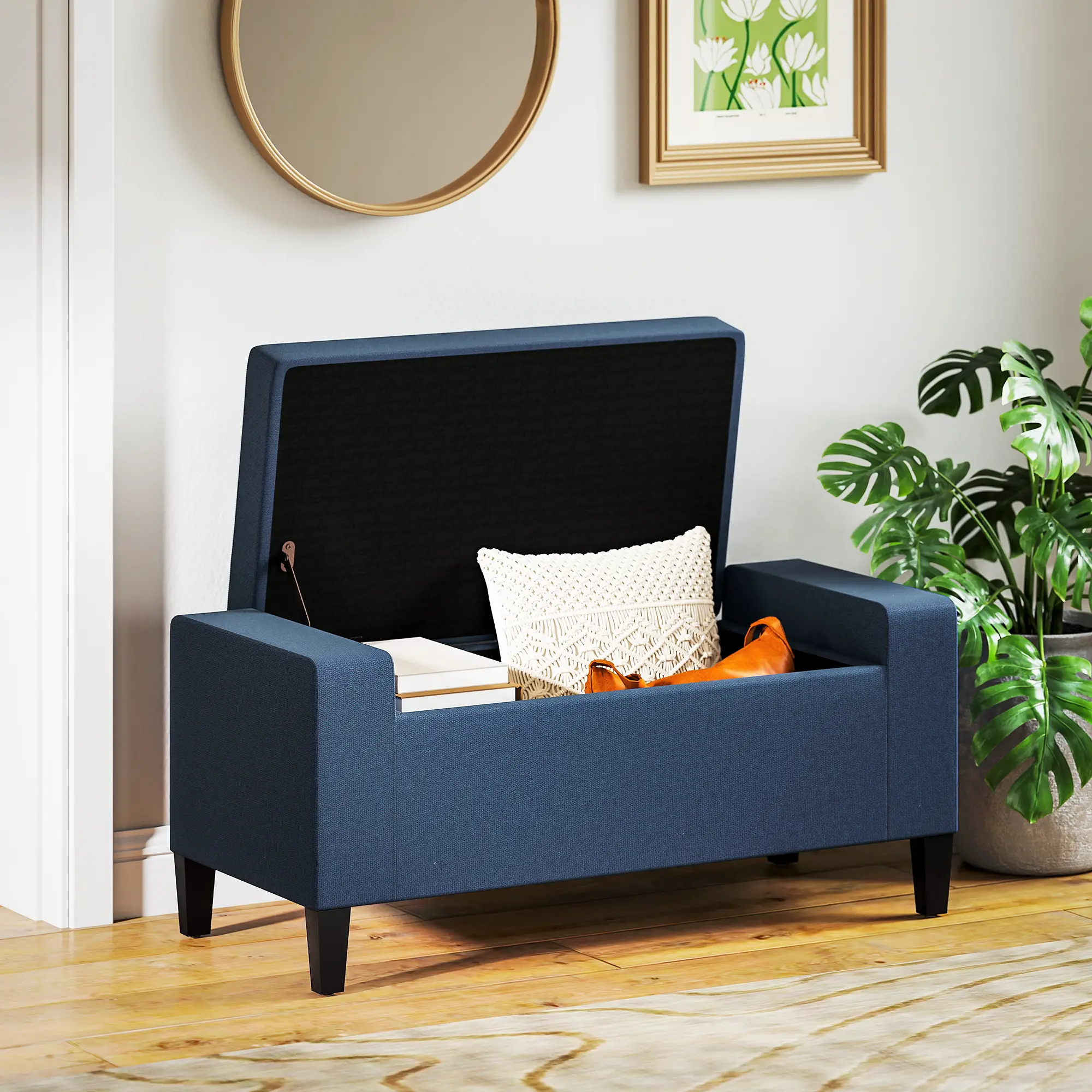 Storage Ottoman Bench, Linen Upholstered, Tufted, Dark Blue - Image 7