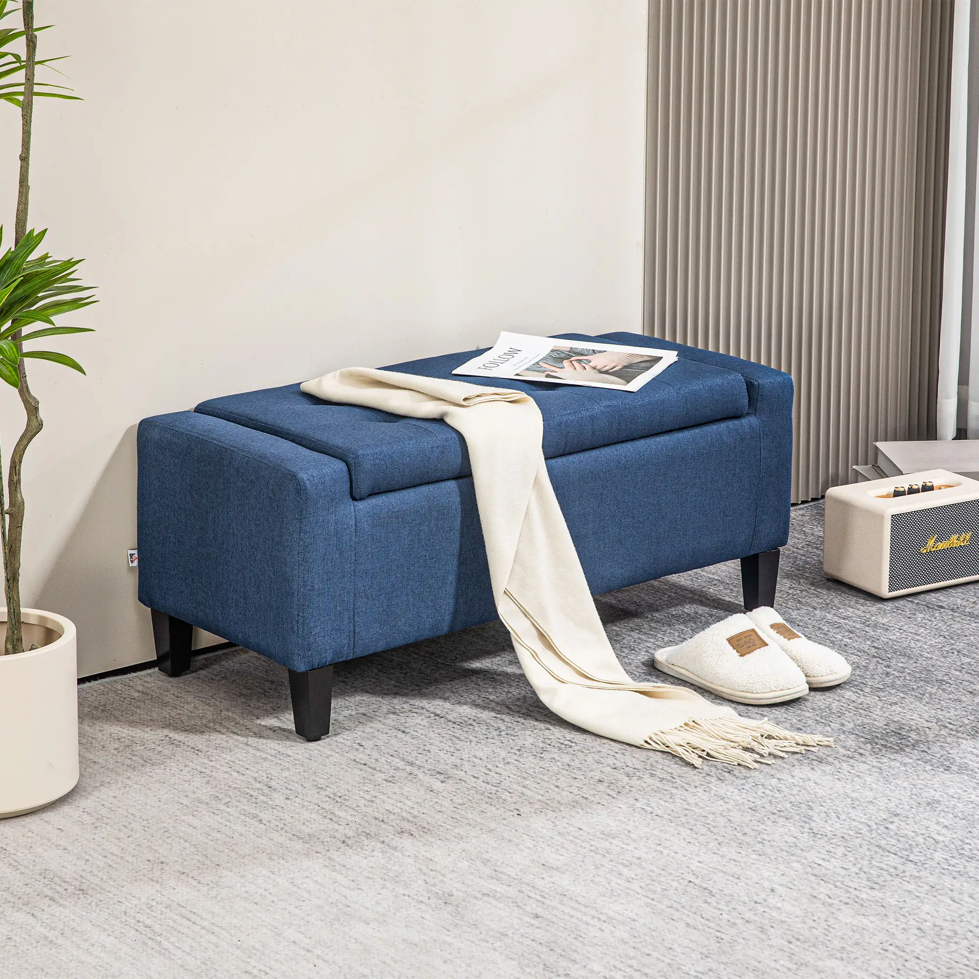 Storage Ottoman Bench, Linen Upholstered, Tufted, Dark Blue - Image 8