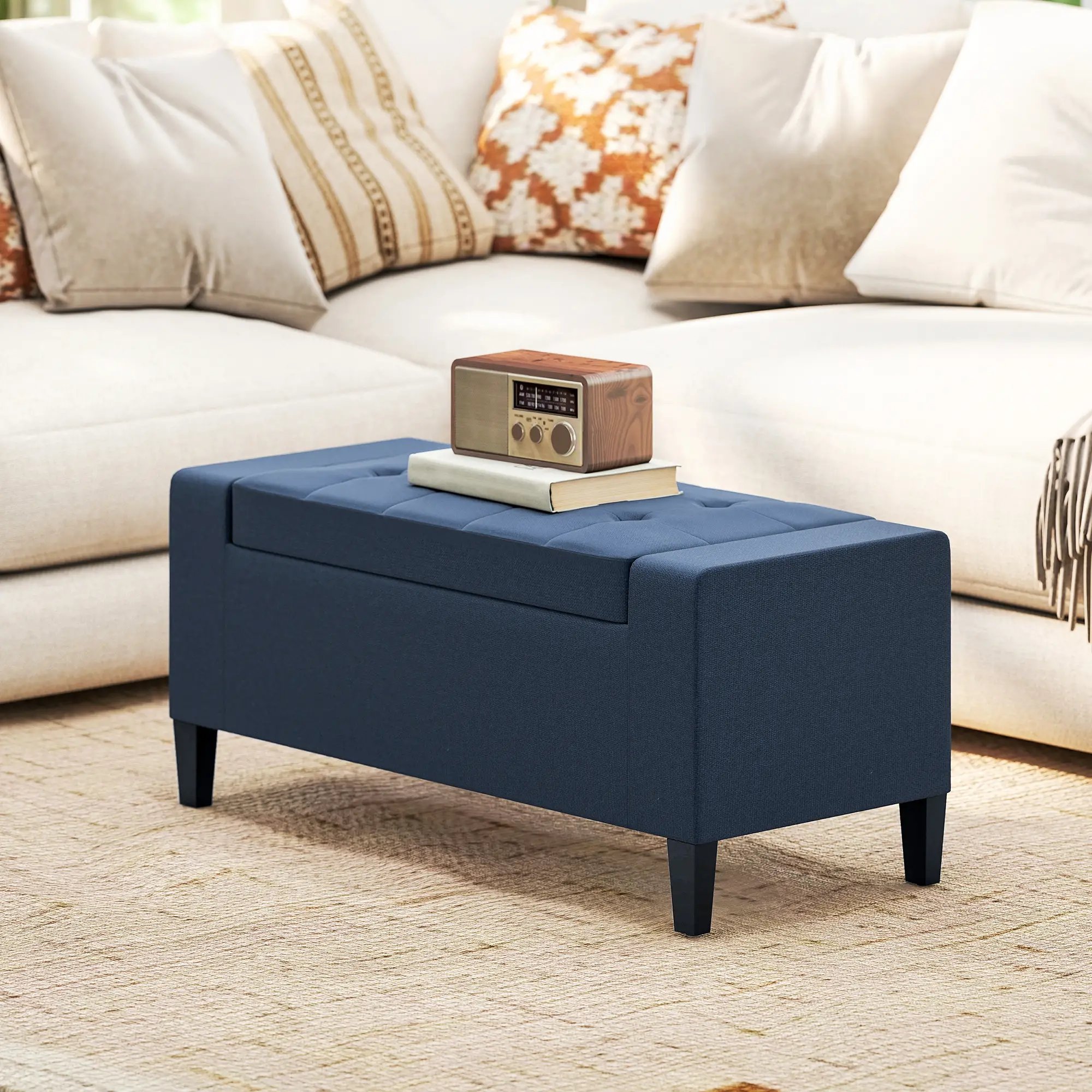 Storage Ottoman Bench, Linen Upholstered, Tufted, Dark Blue - Image 9