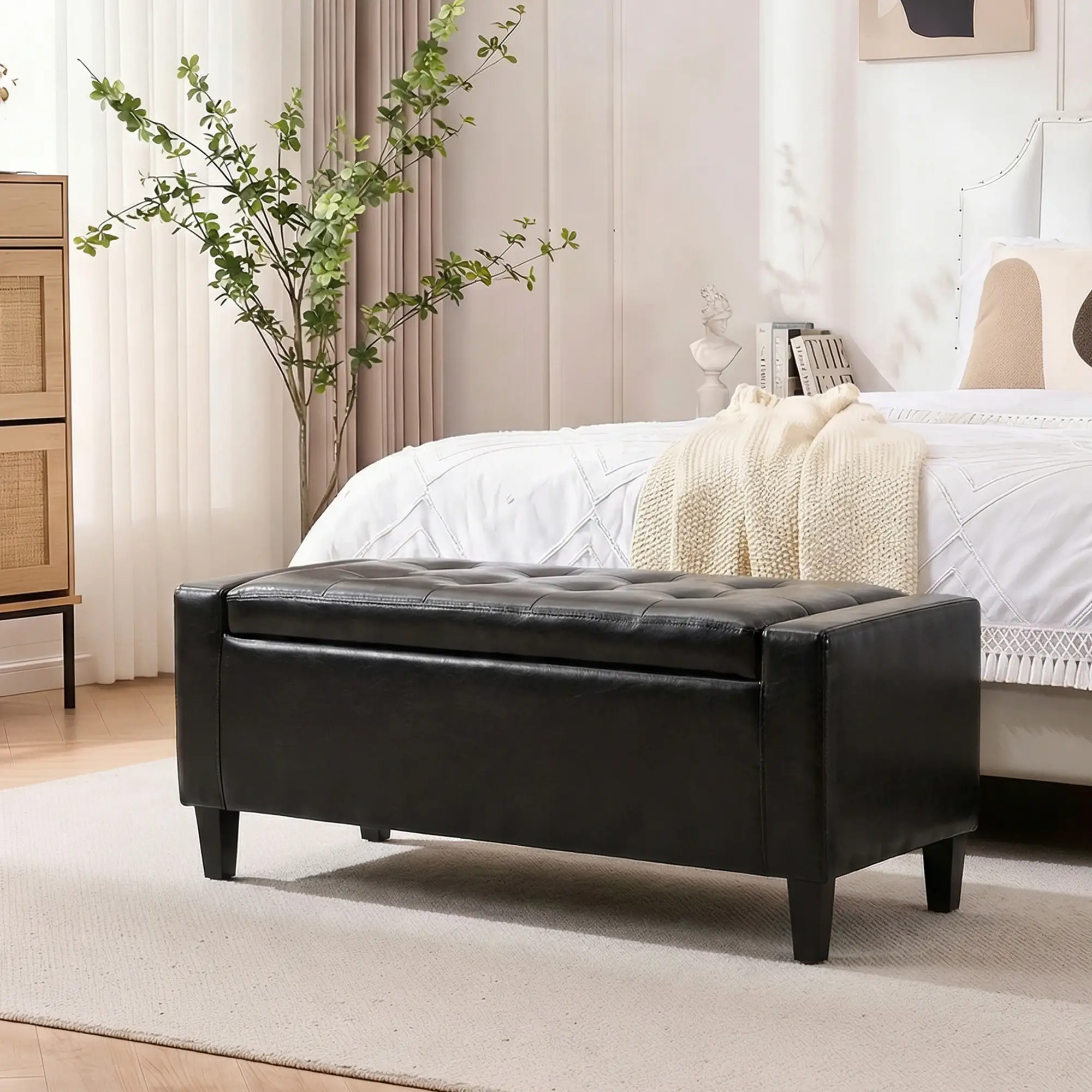 Storage Ottoman Bench, PU Leather Upholstered, Tufted Design, Black - Image 10