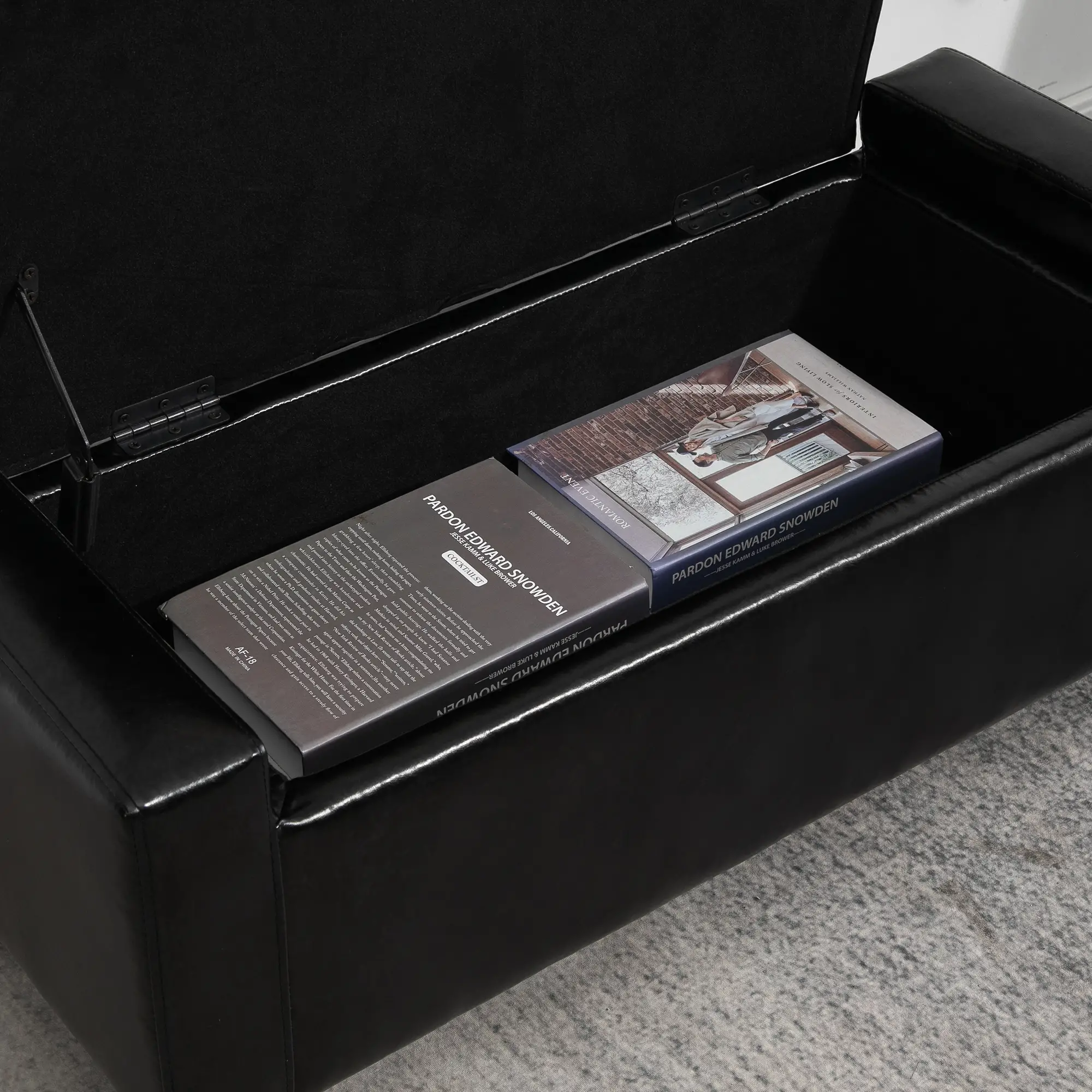 Storage Ottoman Bench, PU Leather Upholstered, Tufted Design, Black - Image 13