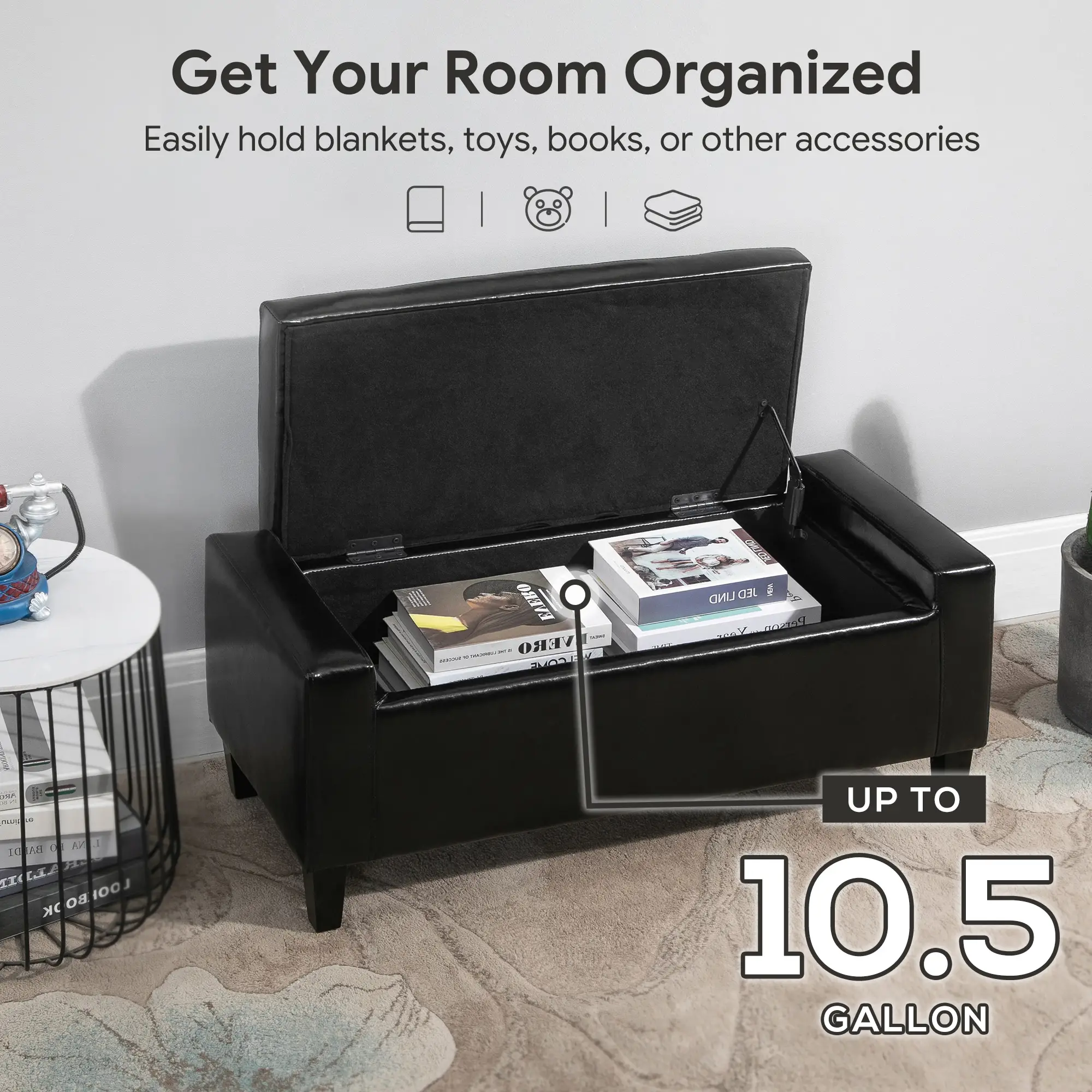 Storage Ottoman Bench, PU Leather Upholstered, Tufted Design, Black - Image 4