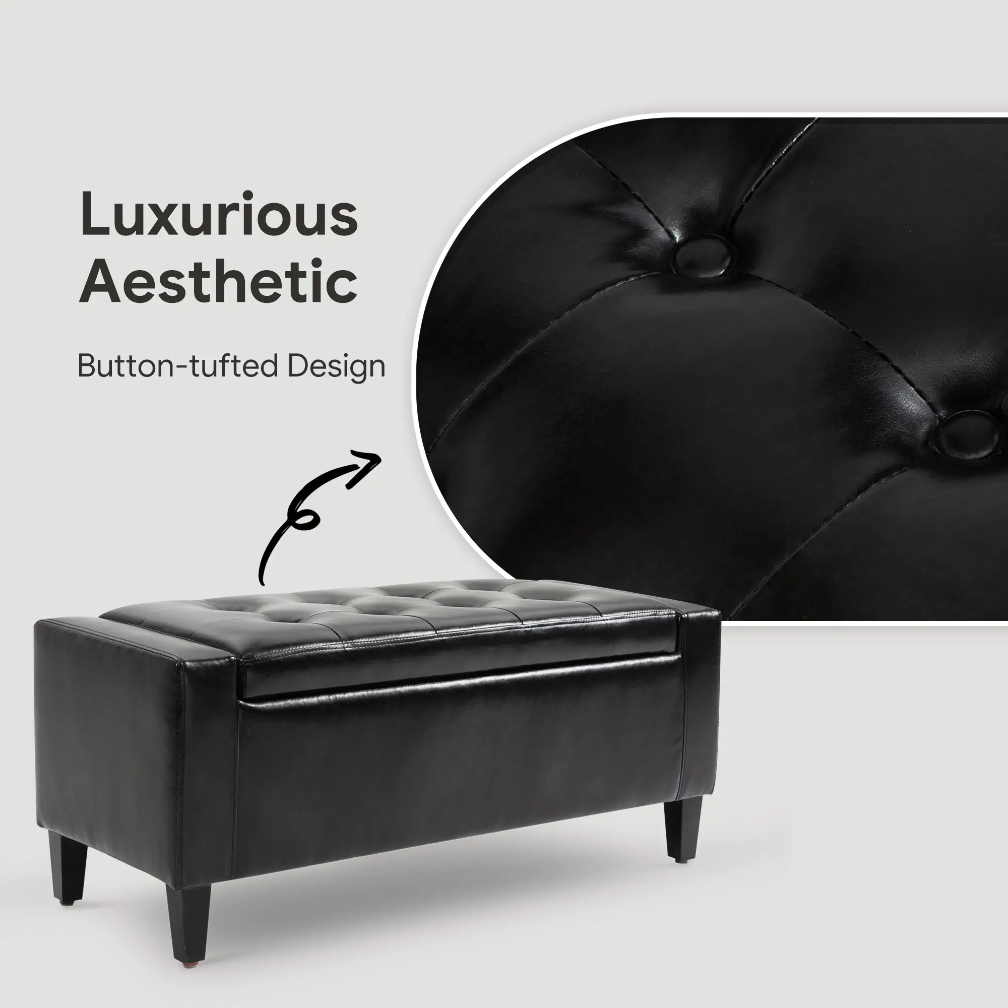 Storage Ottoman Bench, PU Leather Upholstered, Tufted Design, Black - Image 5