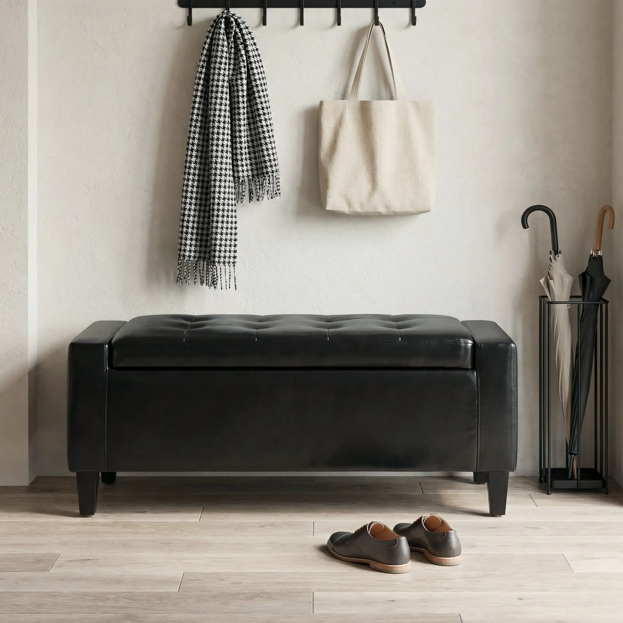 Storage Ottoman Bench, PU Leather Upholstered, Tufted Design, Black - Image 8