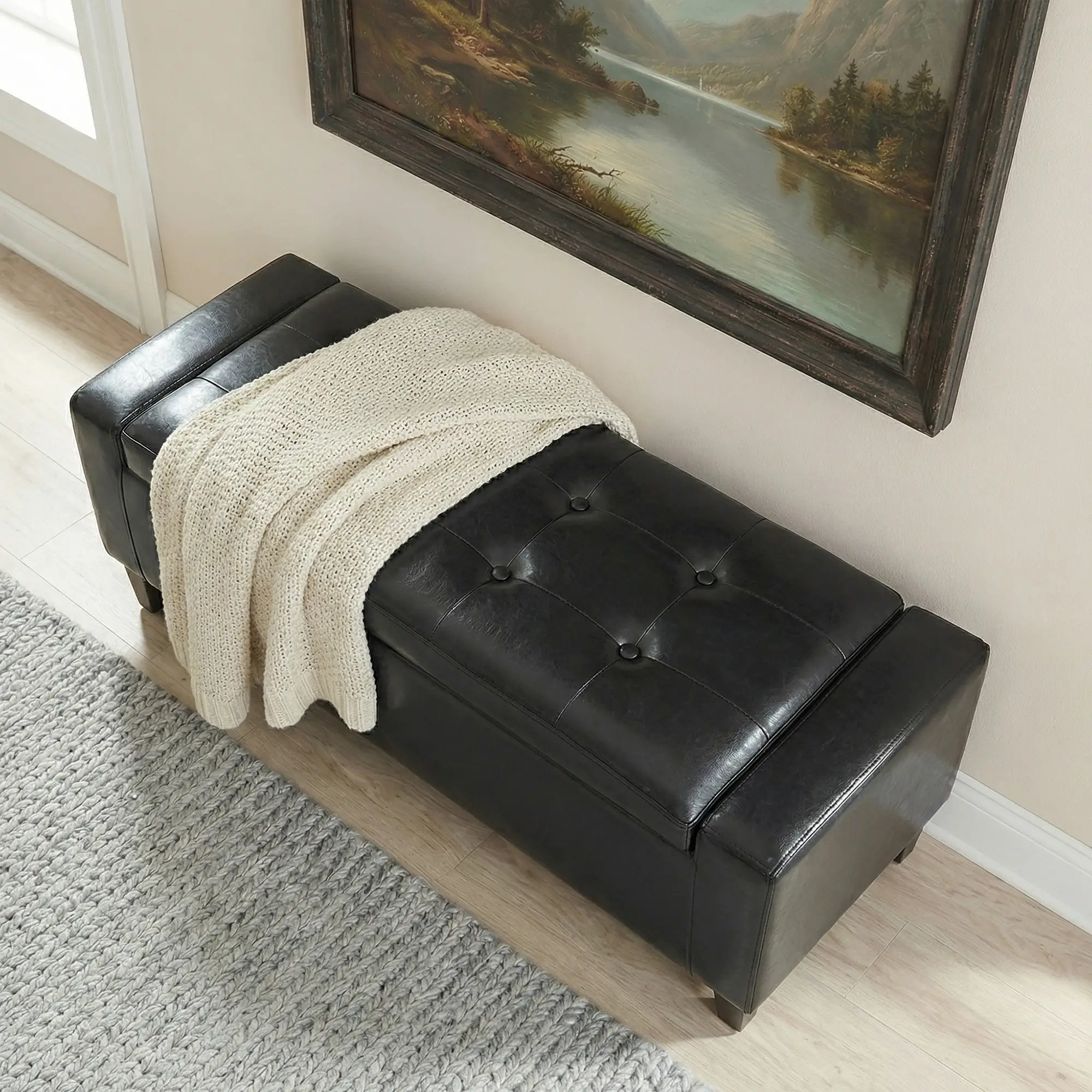 Storage Ottoman Bench, PU Leather Upholstered, Tufted Design, Black - Image 9