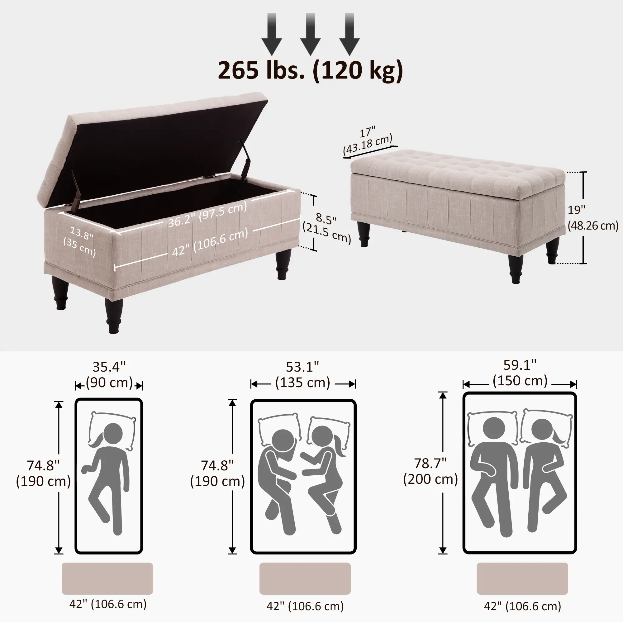 Storage Ottoman, Linen Fabric Bench with Soft Close Lid, 42" x 17" x 19", Beige - Image 3