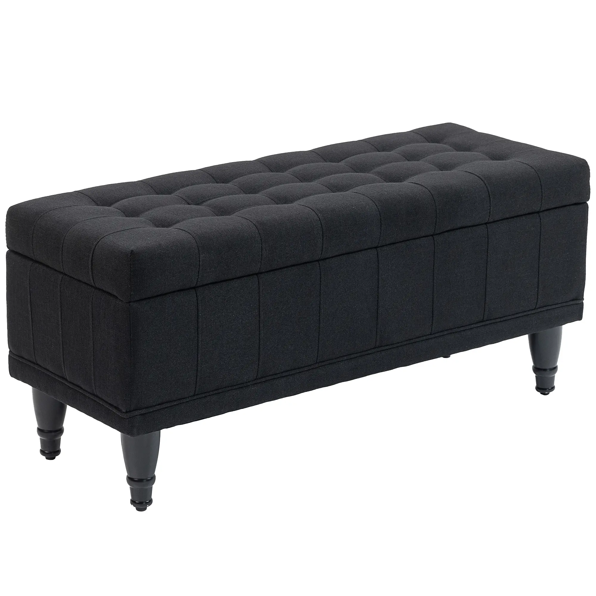Storage Ottoman, Linen Fabric, Button Tufted, Black
