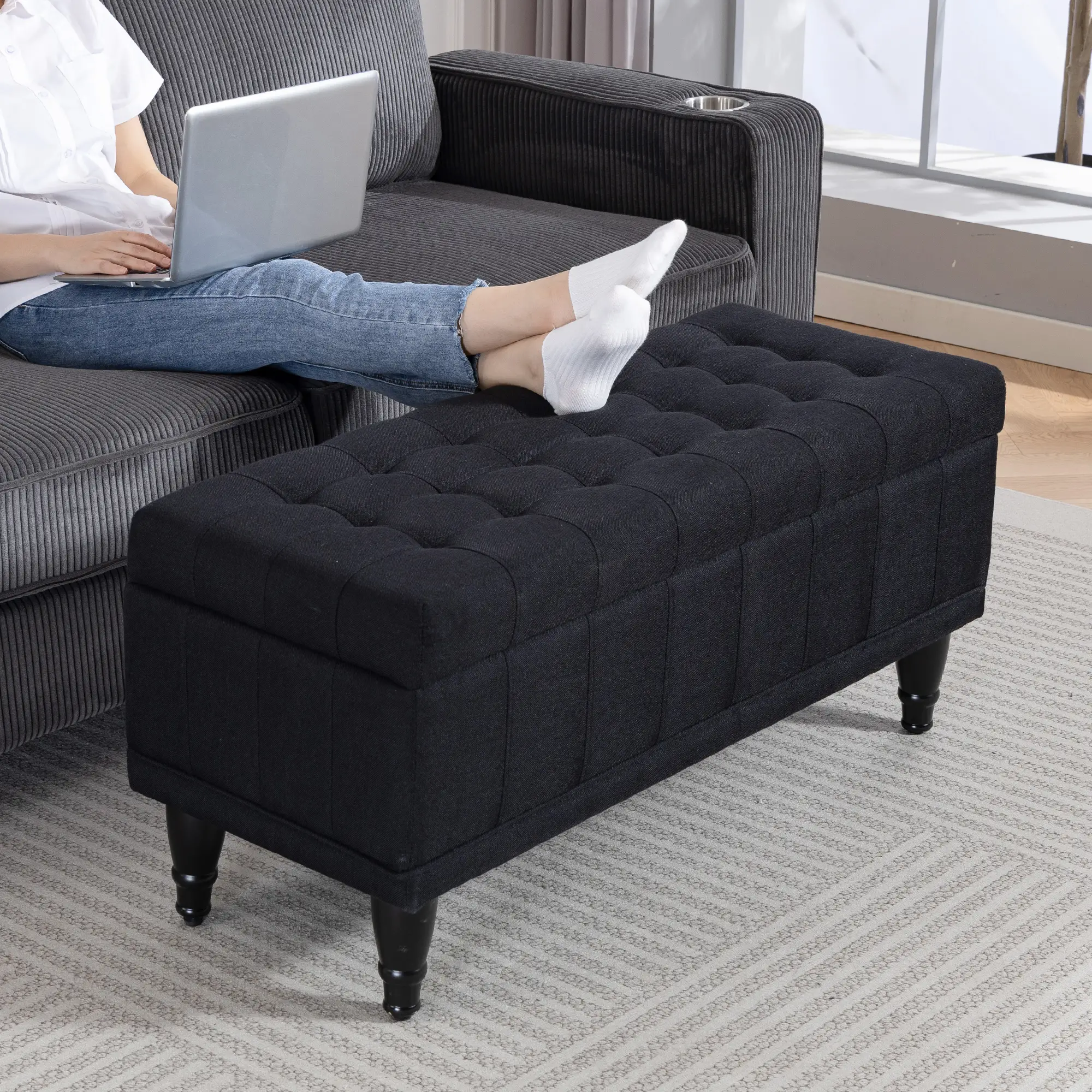 Storage Ottoman, Linen Fabric, Button Tufted, Black - Image 10