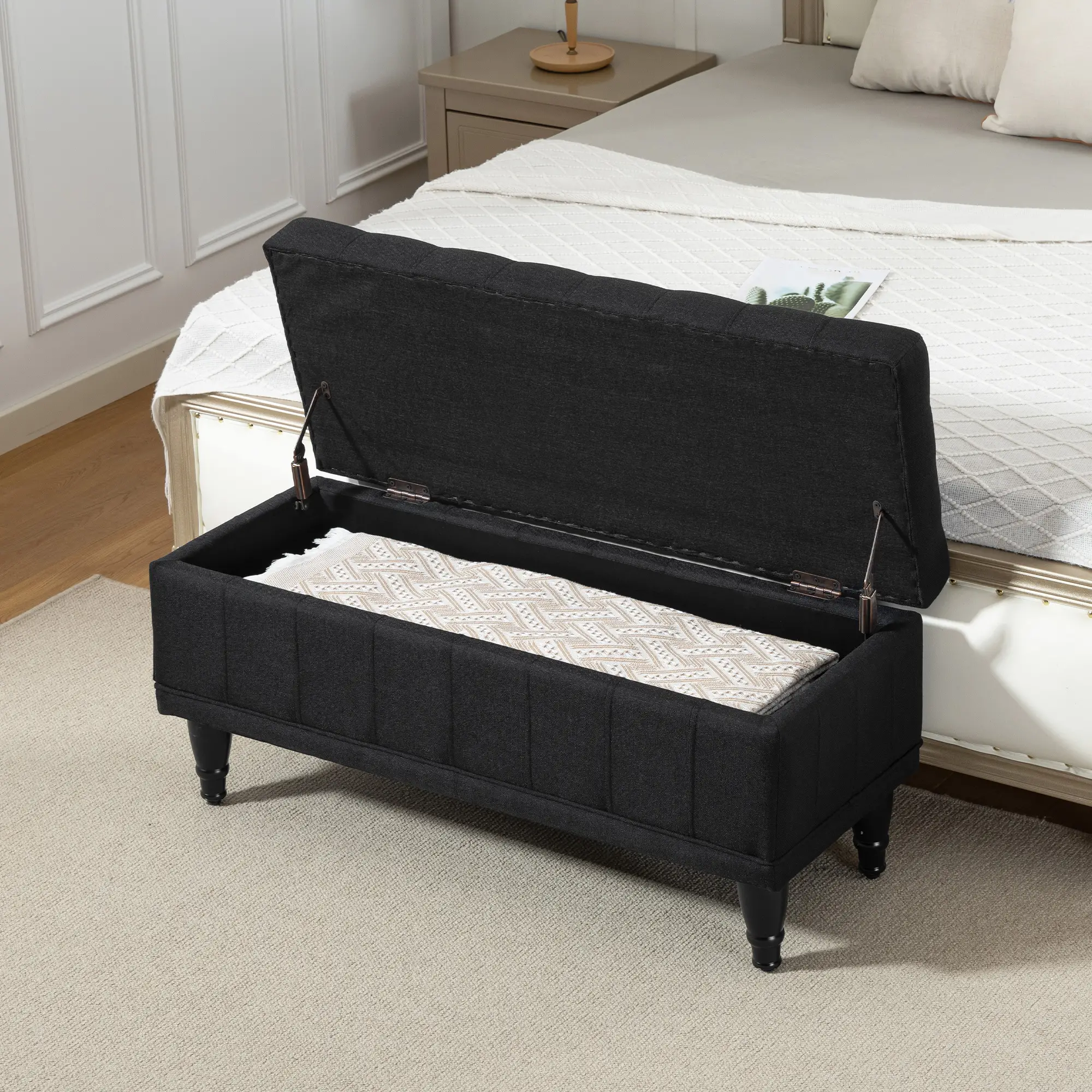Storage Ottoman, Linen Fabric, Button Tufted, Black - Image 2
