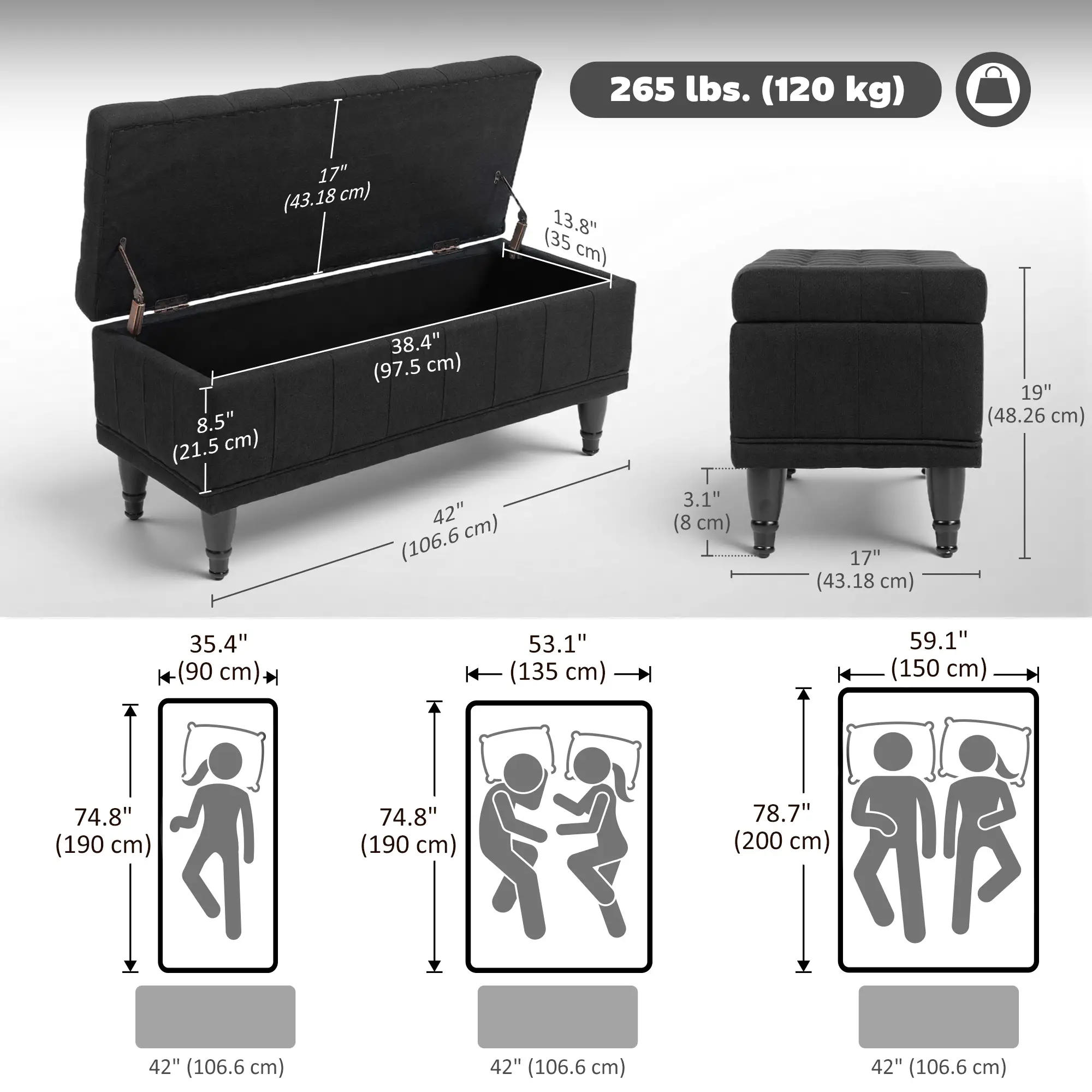 Storage Ottoman, Linen Fabric, Button Tufted, Black - Image 3