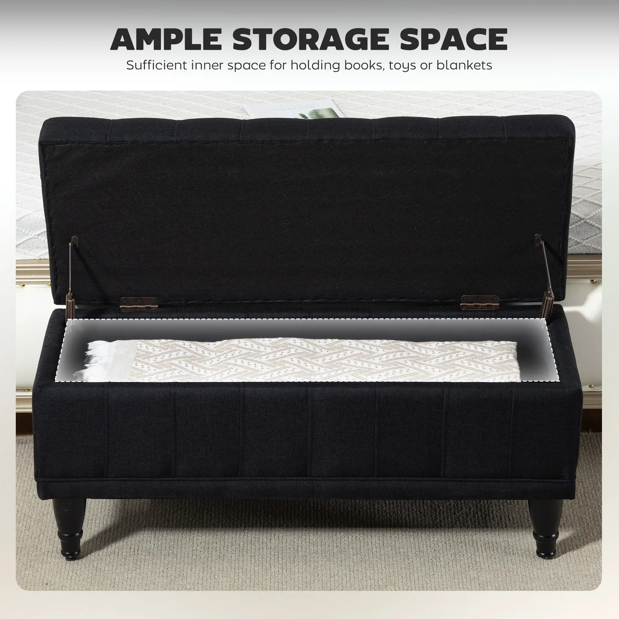 Storage Ottoman, Linen Fabric, Button Tufted, Black - Image 4