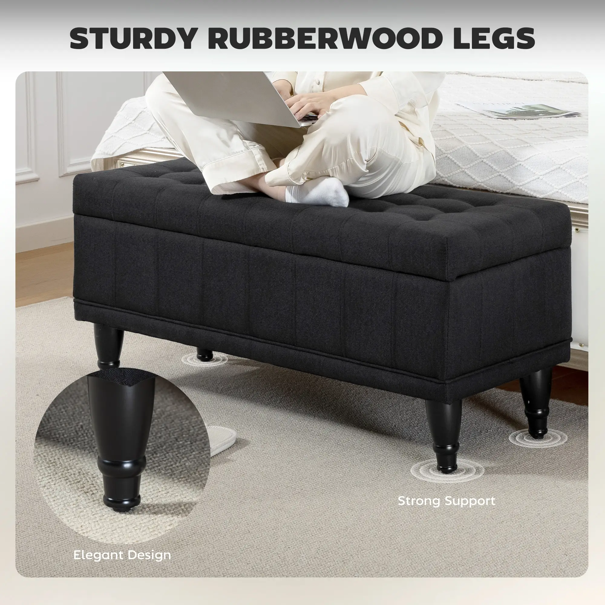 Storage Ottoman, Linen Fabric, Button Tufted, Black - Image 5