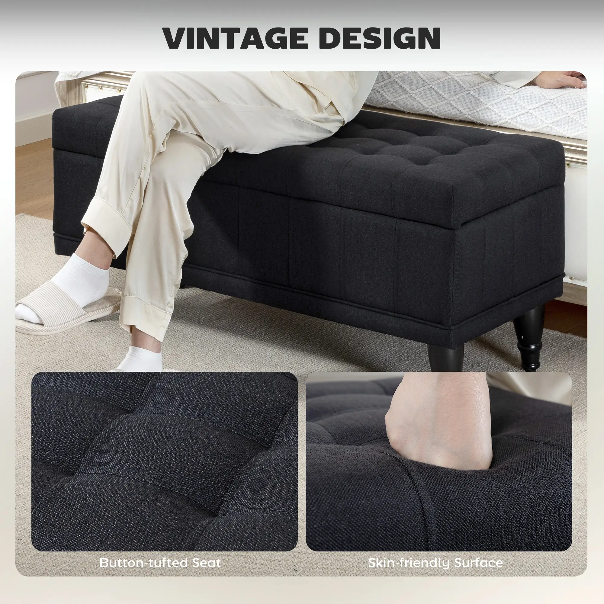 Storage Ottoman, Linen Fabric, Button Tufted, Black - Image 6