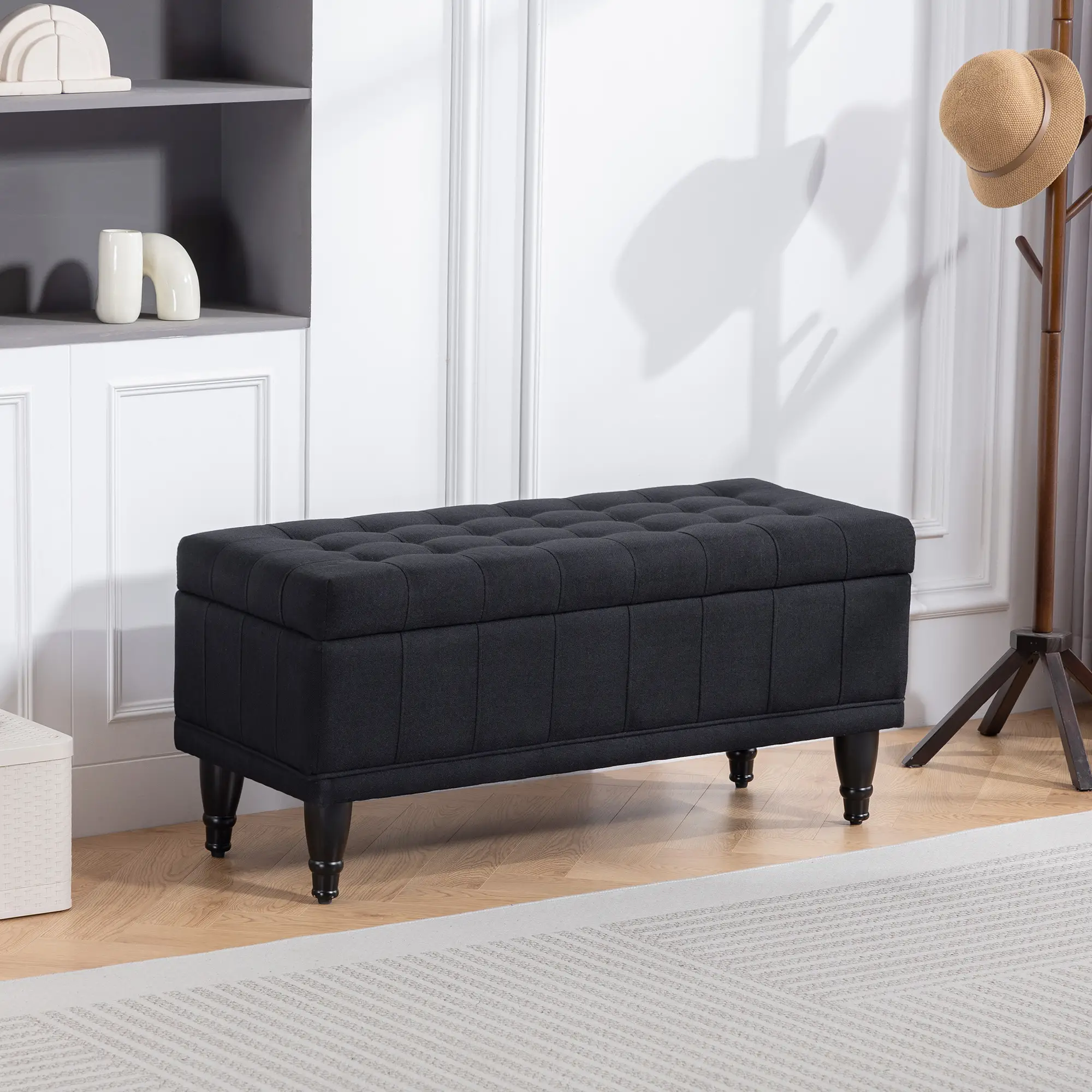Storage Ottoman, Linen Fabric, Button Tufted, Black - Image 8