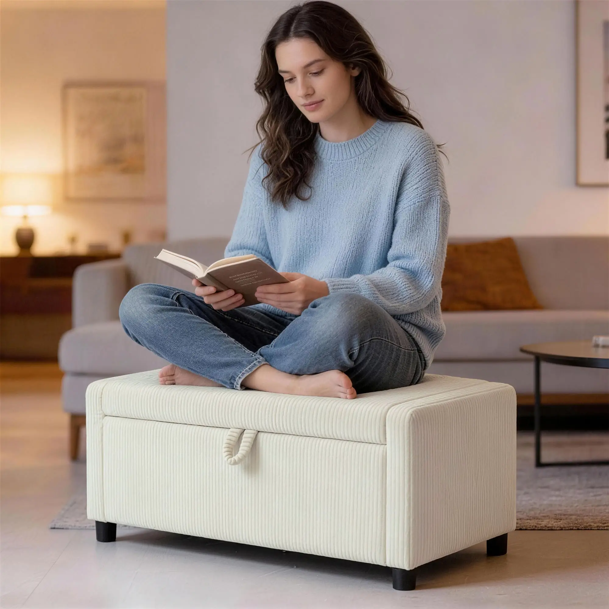 Storage Ottoman, Upholstered Corduroy Bench, Beige - Image 10