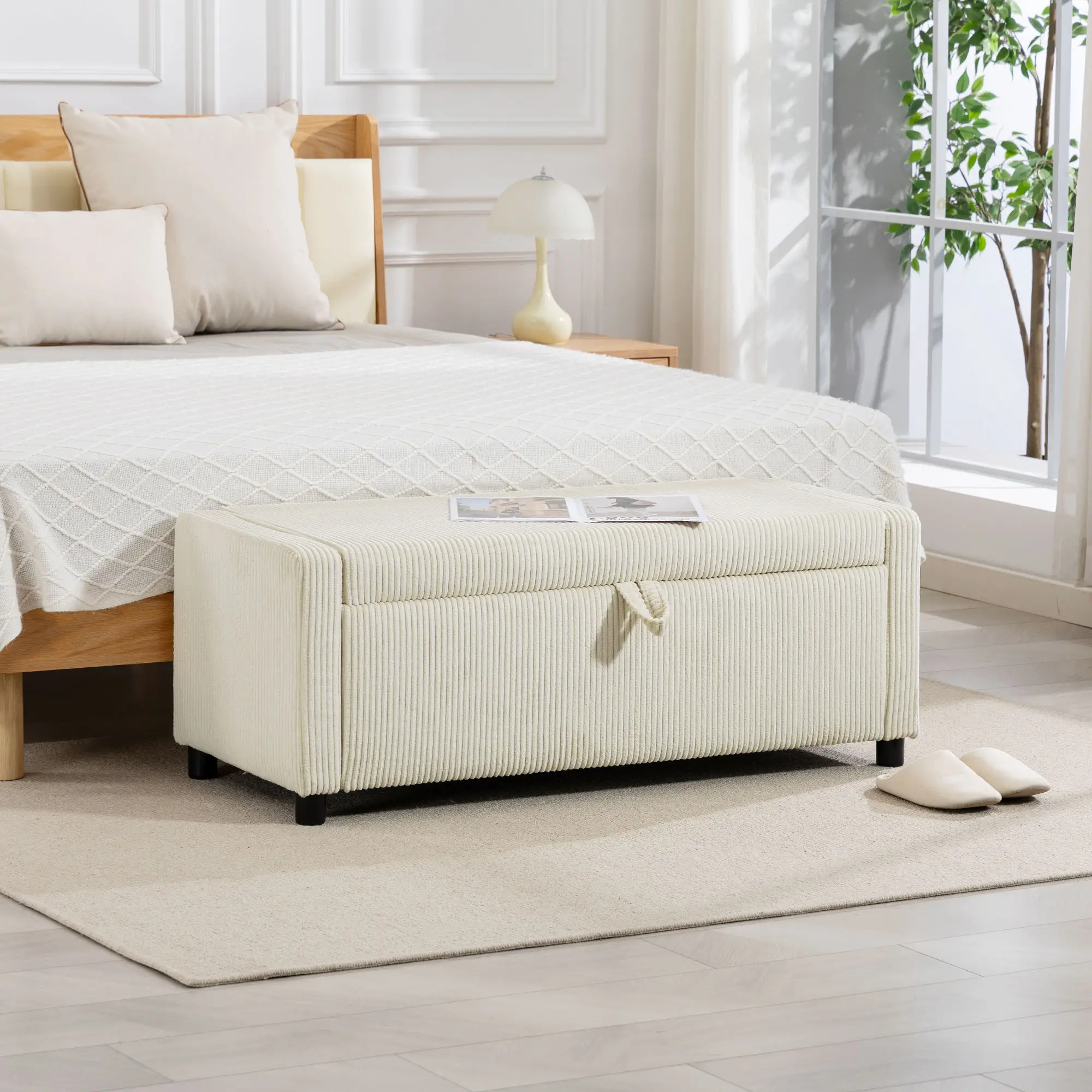 Storage Ottoman, Upholstered Corduroy Bench, Beige - Image 2