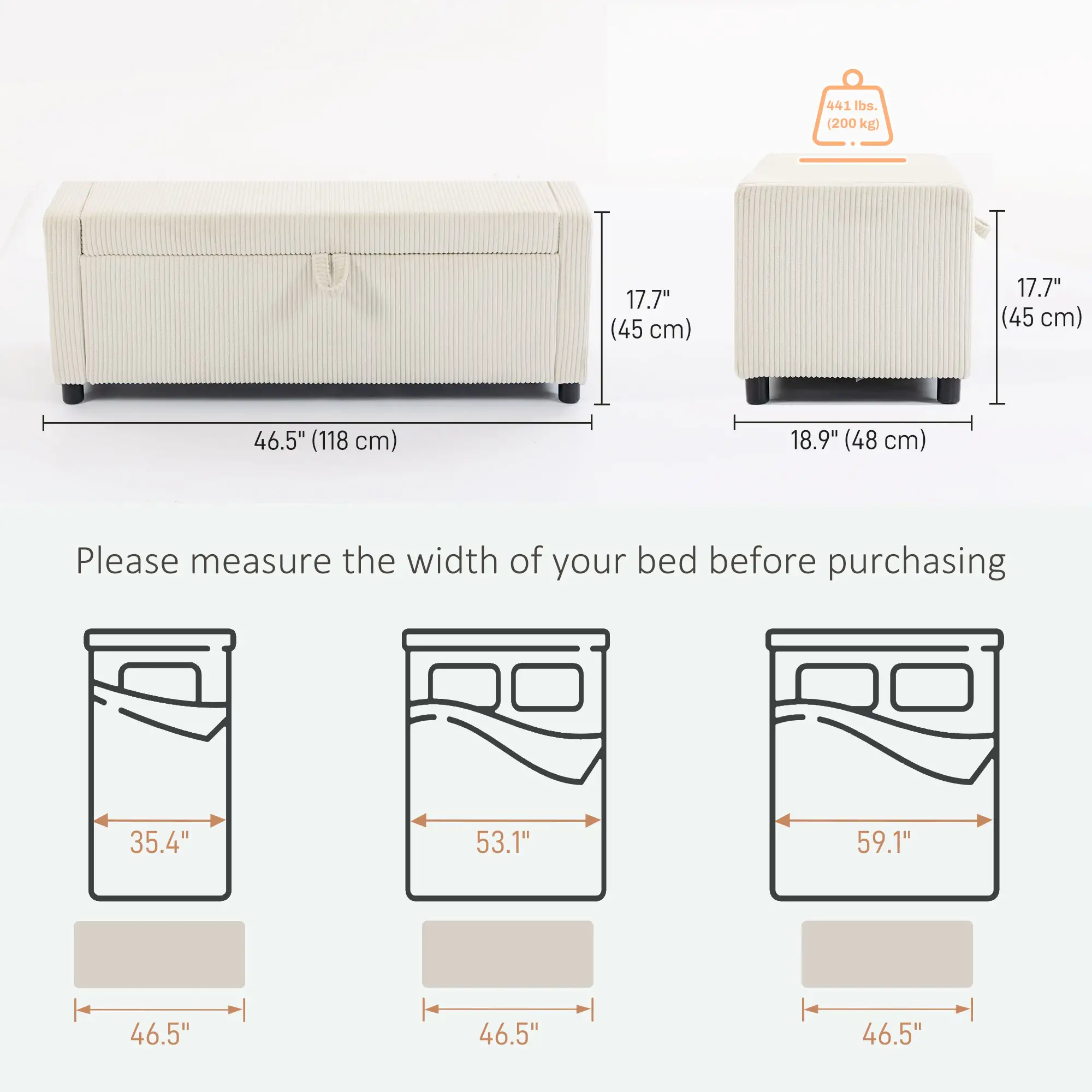 Storage Ottoman, Upholstered Corduroy Bench, Beige - Image 3