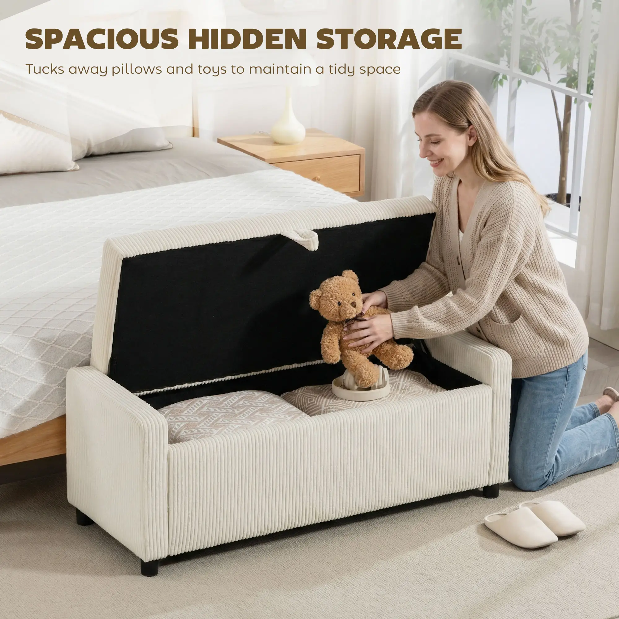 Storage Ottoman, Upholstered Corduroy Bench, Beige - Image 4