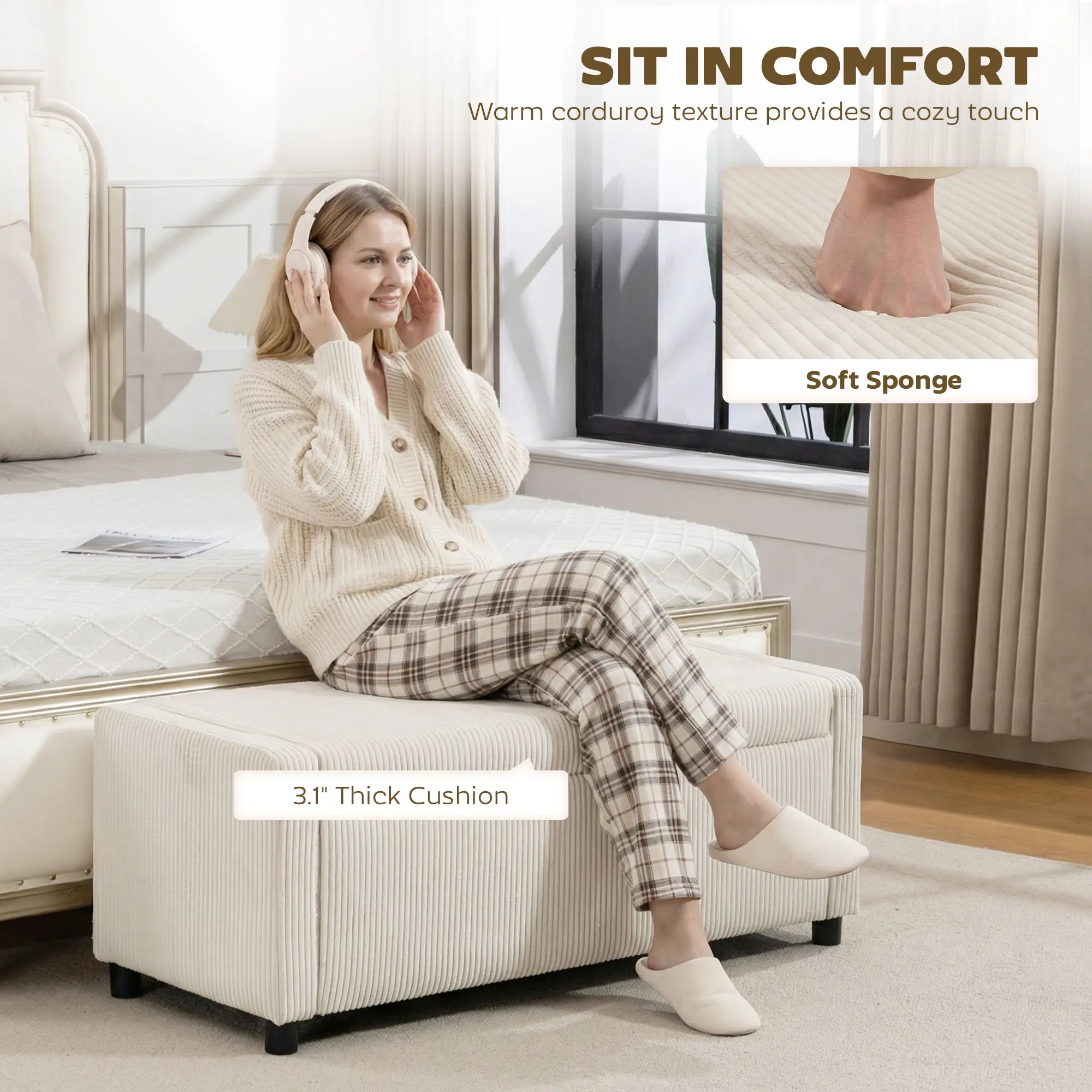 Storage Ottoman, Upholstered Corduroy Bench, Beige - Image 5