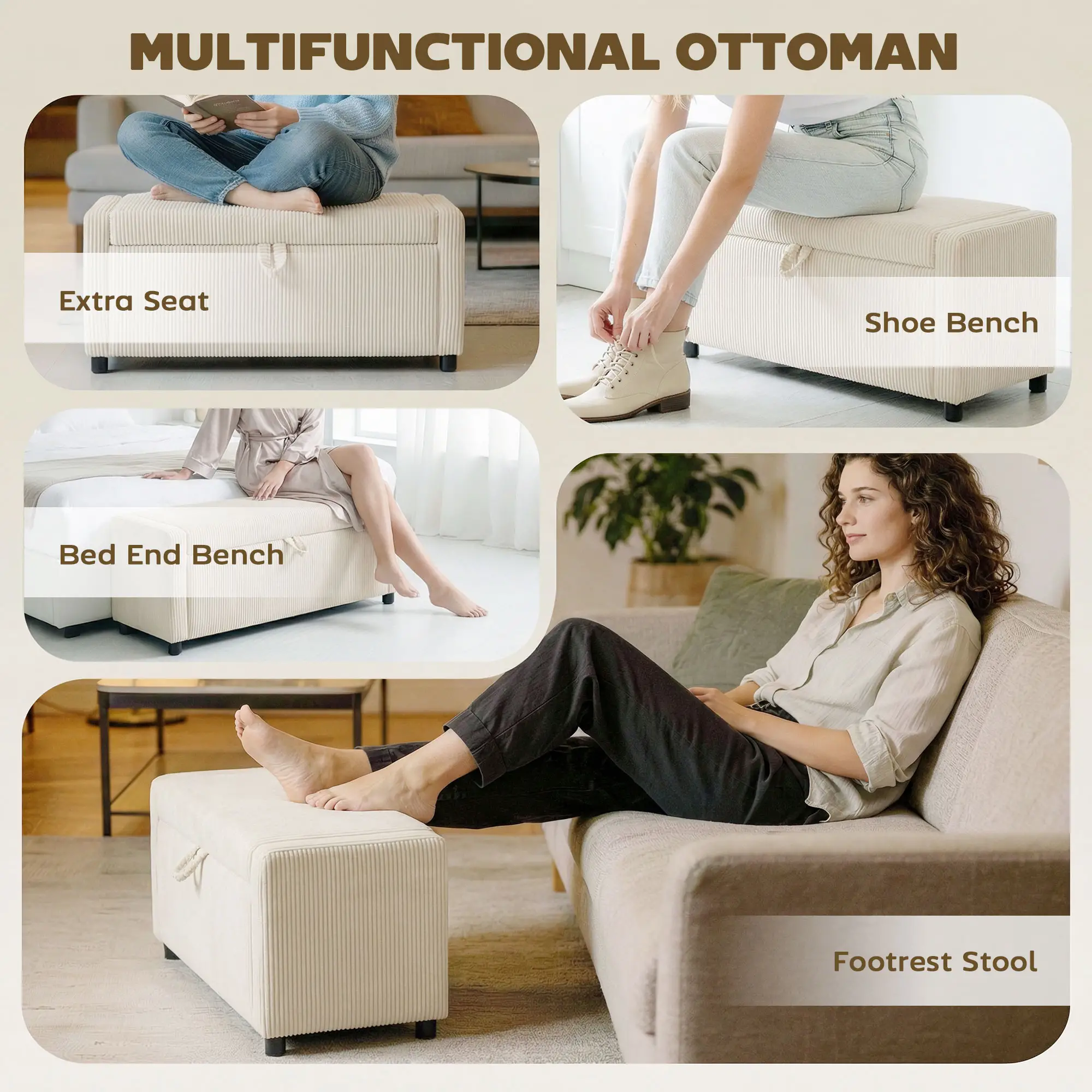 Storage Ottoman, Upholstered Corduroy Bench, Beige - Image 6