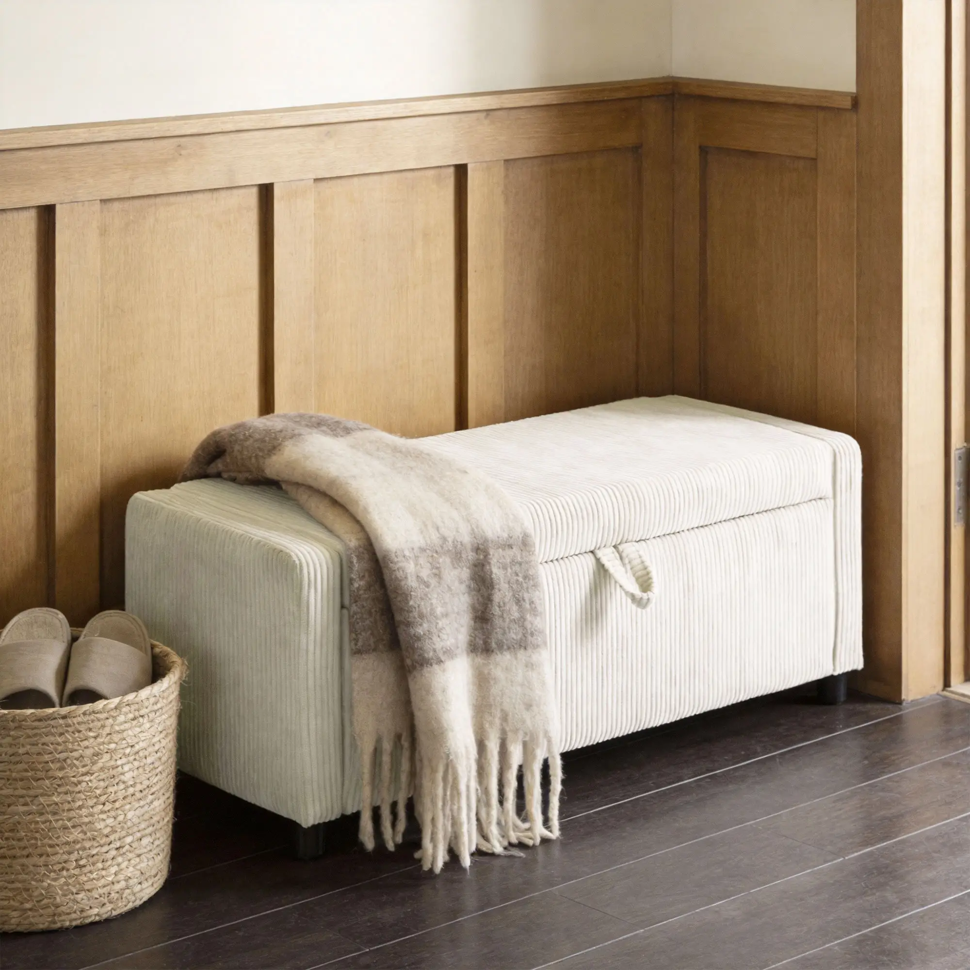 Storage Ottoman, Upholstered Corduroy Bench, Beige - Image 7