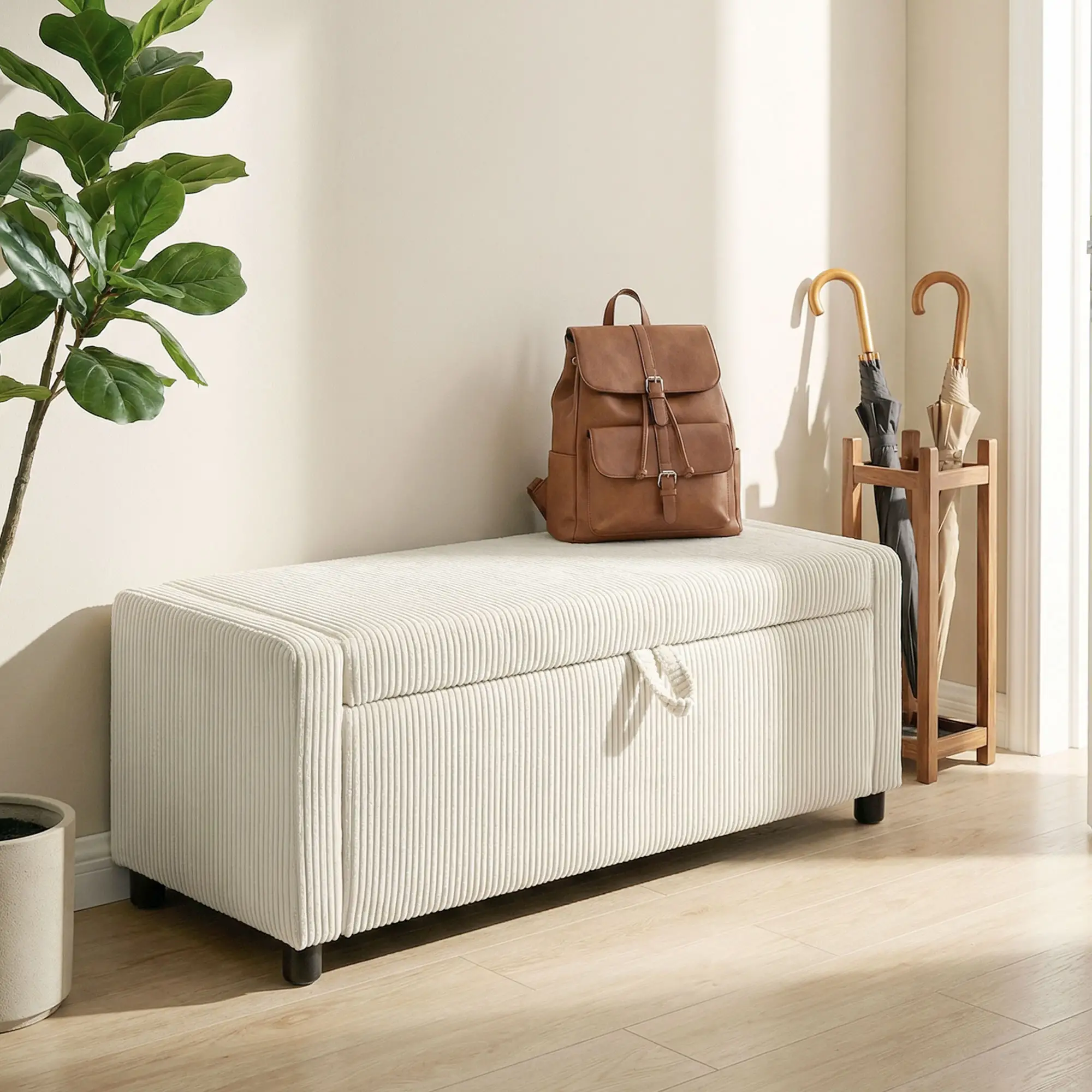 Storage Ottoman, Upholstered Corduroy Bench, Beige - Image 8