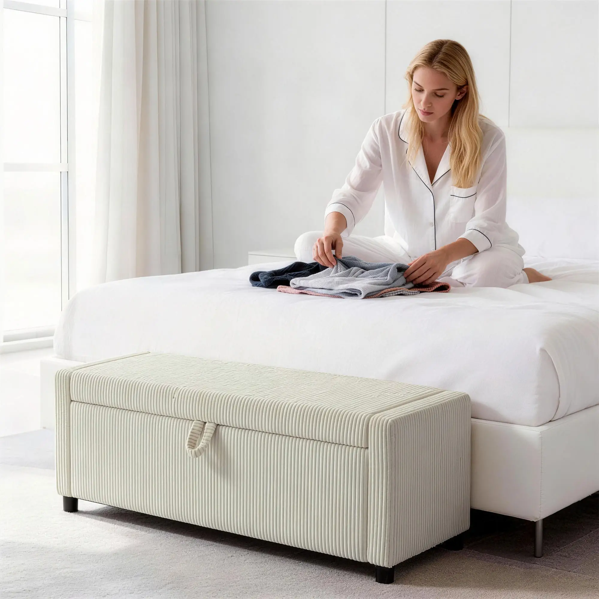 Storage Ottoman, Upholstered Corduroy Bench, Beige - Image 9