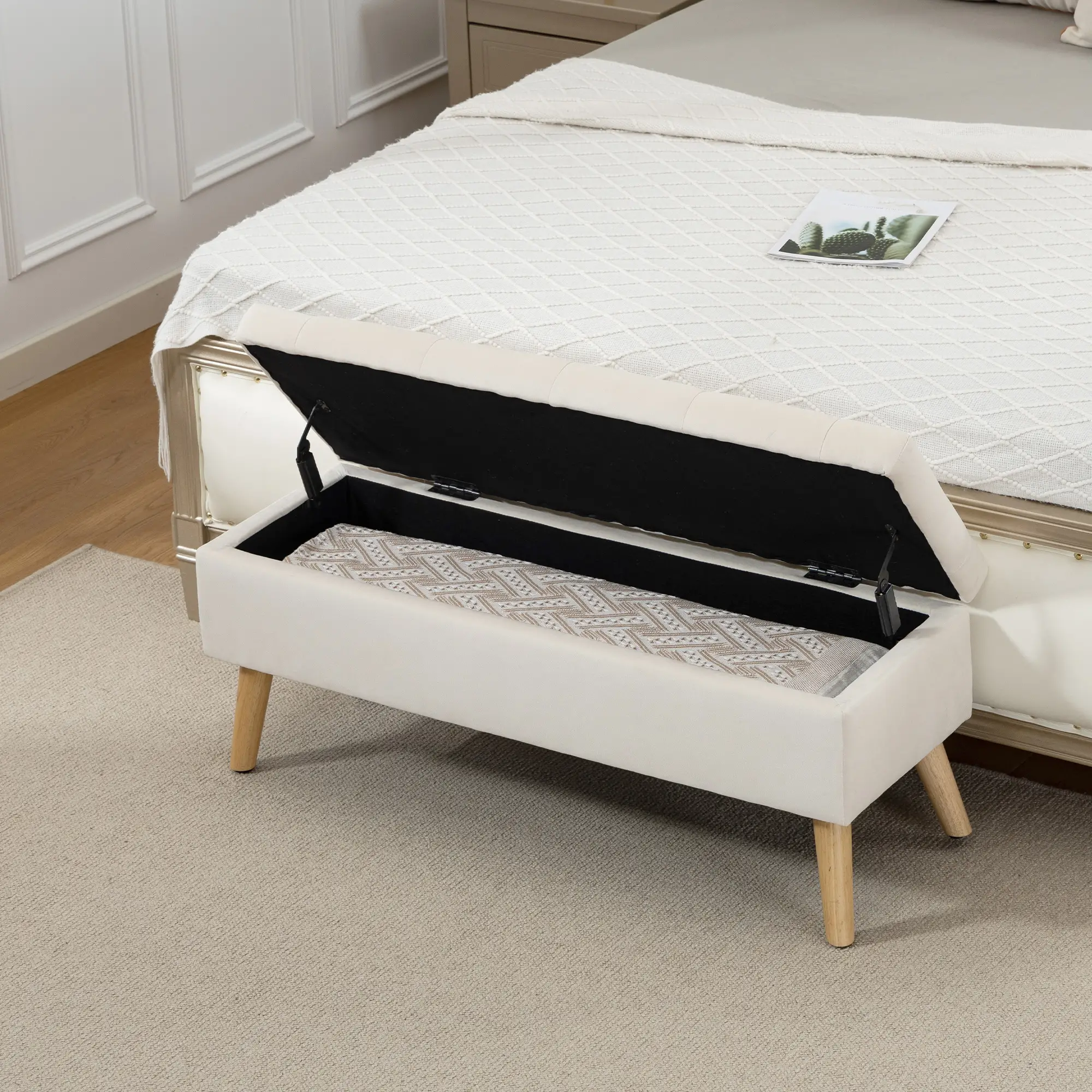 Storage Ottoman With Lid, Velvet Bench, Cream White - Image 2