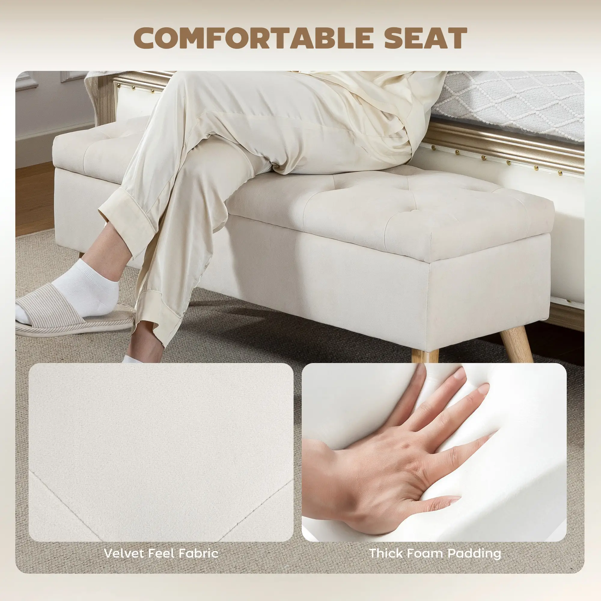 Storage Ottoman With Lid, Velvet Bench, Cream White - Image 5