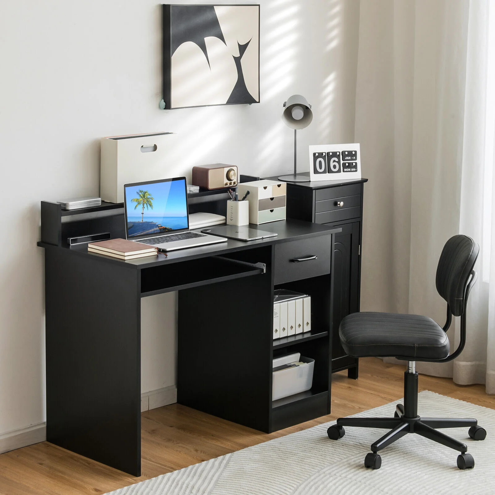 Study Laptop Table With Drawer, Keyboard Tray, Black - Image 2