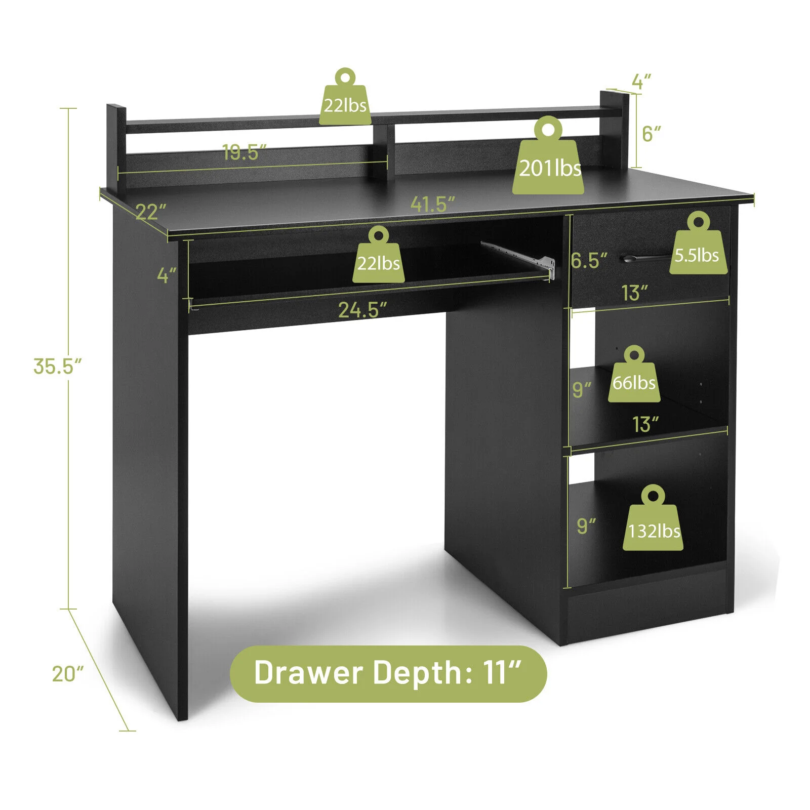 Study Laptop Table With Drawer, Keyboard Tray, Black - Image 6
