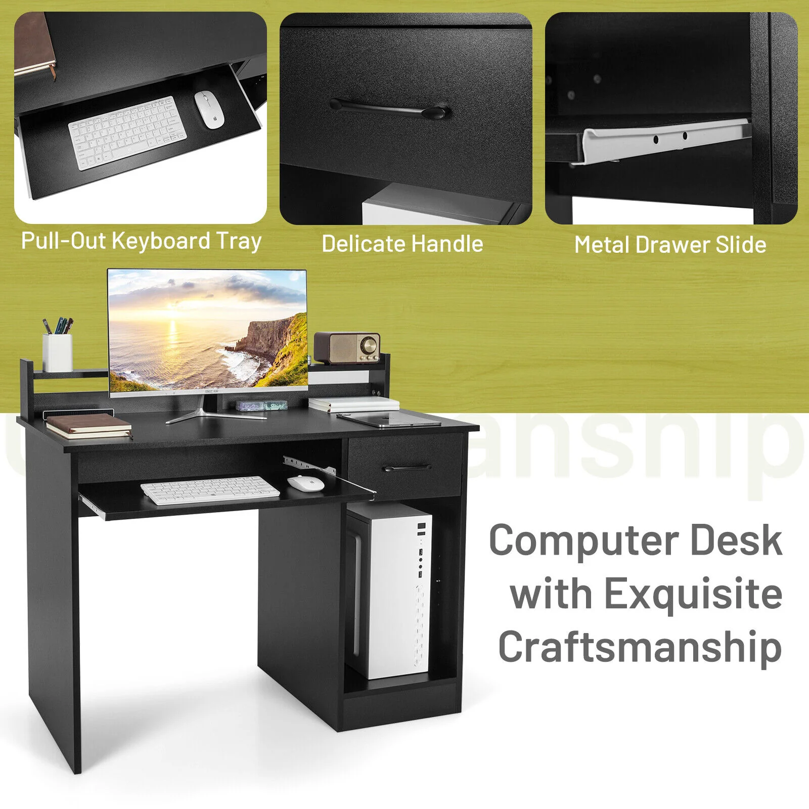 Study Laptop Table With Drawer, Keyboard Tray, Black - Image 8