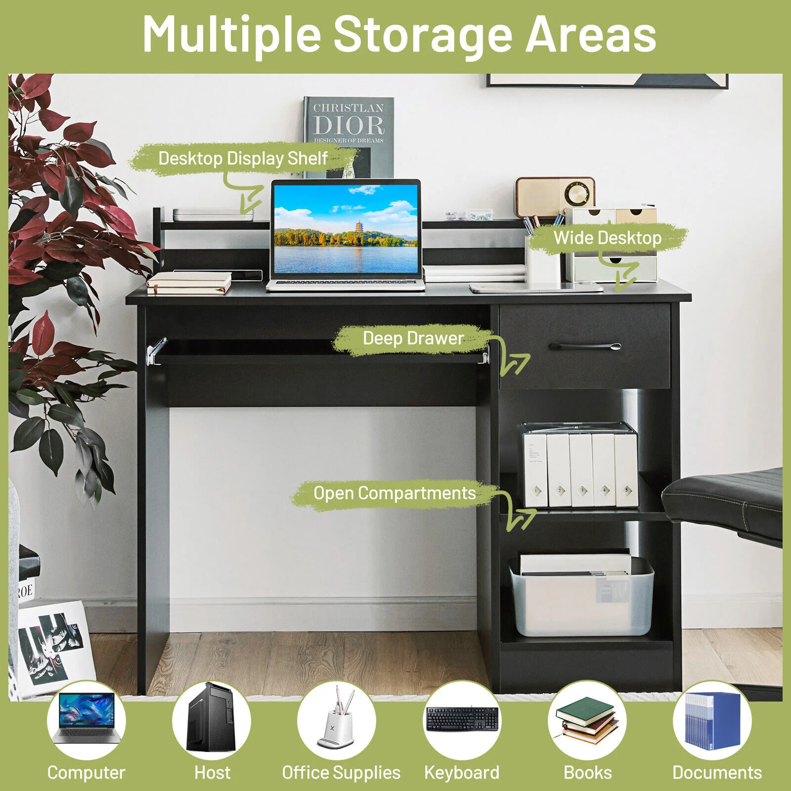 Study Laptop Table With Drawer, Keyboard Tray, Black - Image 9