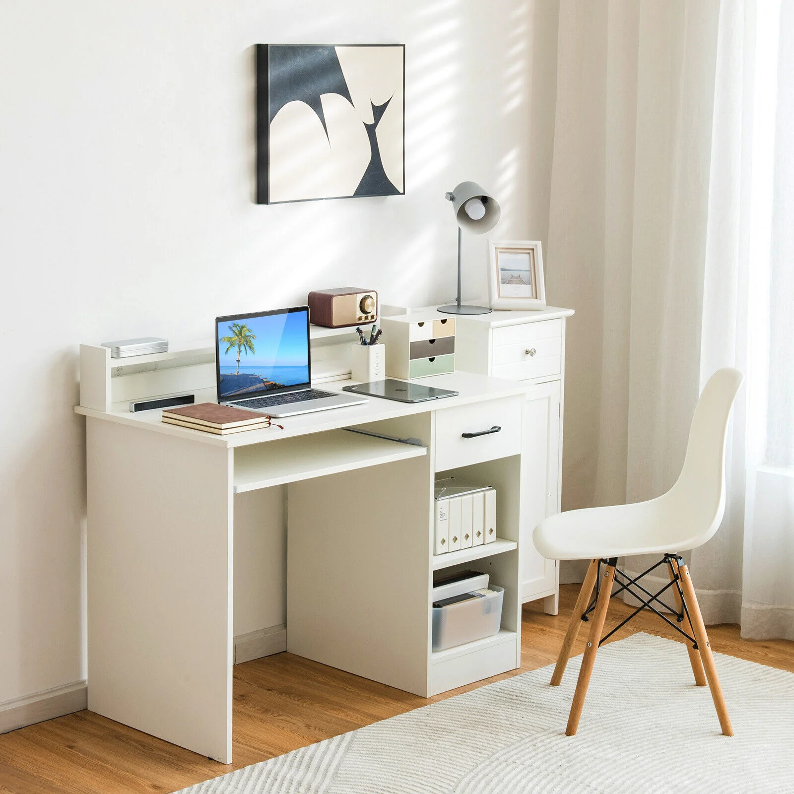 Study Laptop Table With Drawer, Keyboard Tray, White - Image 2