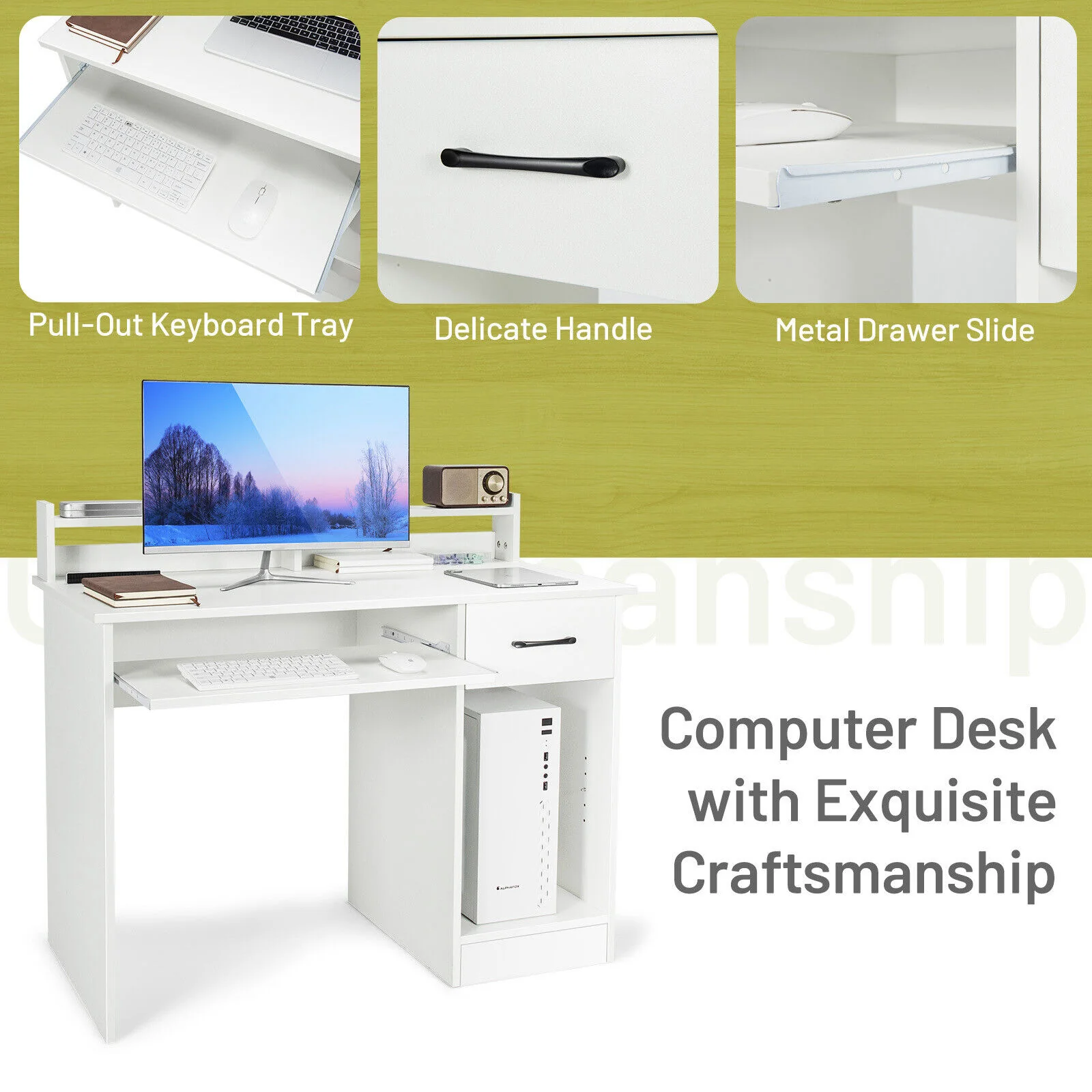 Study Laptop Table With Drawer, Keyboard Tray, White - Image 8