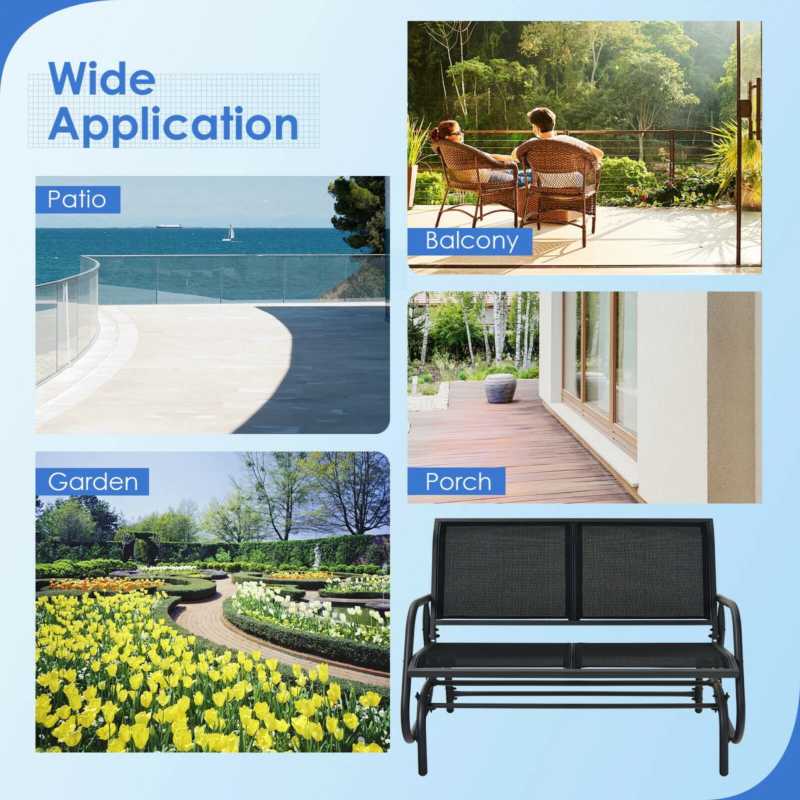Swing Glider Chair 48 Inch, Loveseat Rocker, Backyard Lounge, Black - Image 7