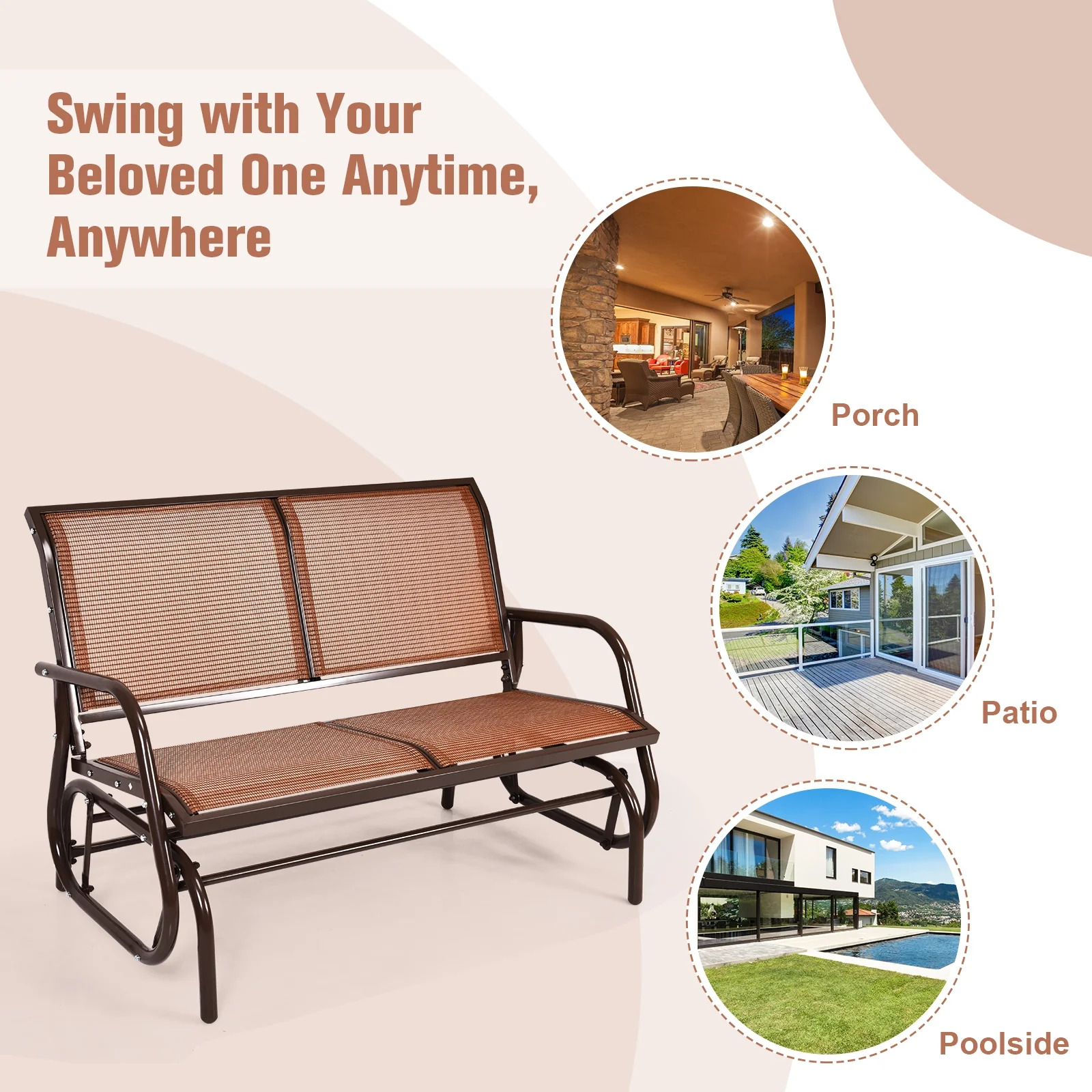 Swing Glider Chair, 48 Inch, Loveseat Rocker Lounge, Brown - Image 10