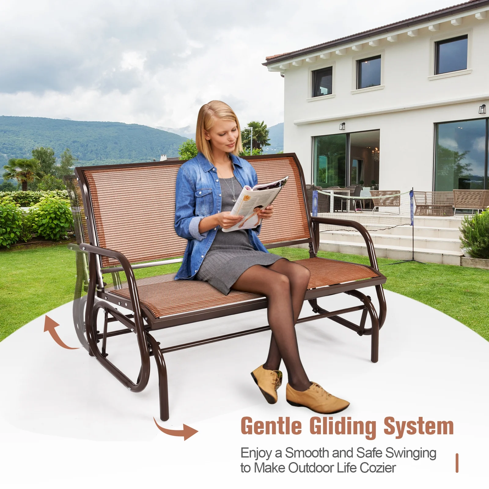 Swing Glider Chair, 48 Inch, Loveseat Rocker Lounge, Brown - Image 8